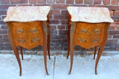 Pair of French Marquetry Inlaid Kingwood Marble Top Chairside Tables