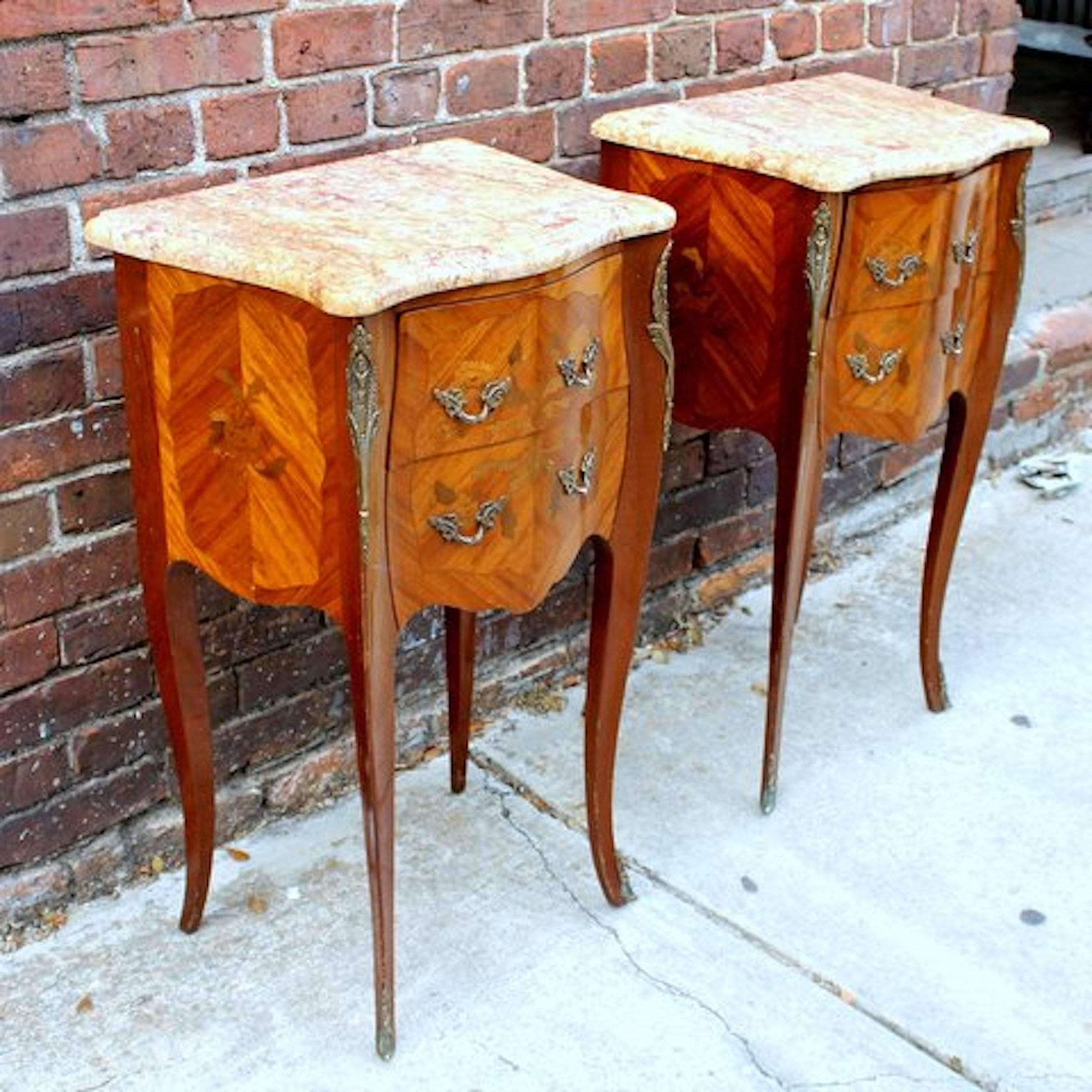 Louis XV Pair of French Marquetry Inlaid Kingwood Marble Top Chairside Tables