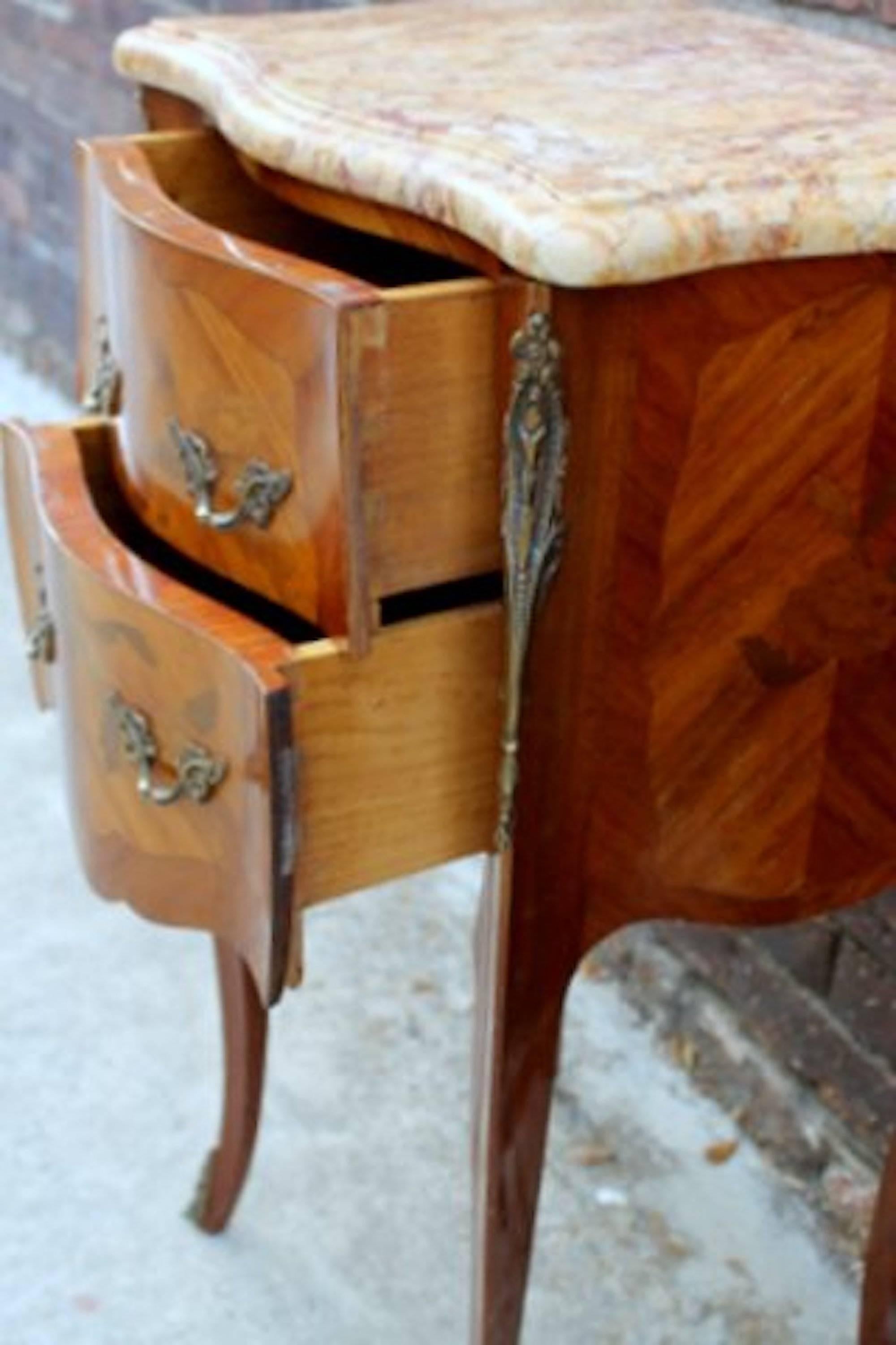 Pair of French Marquetry Inlaid Kingwood Marble Top Chairside Tables 1