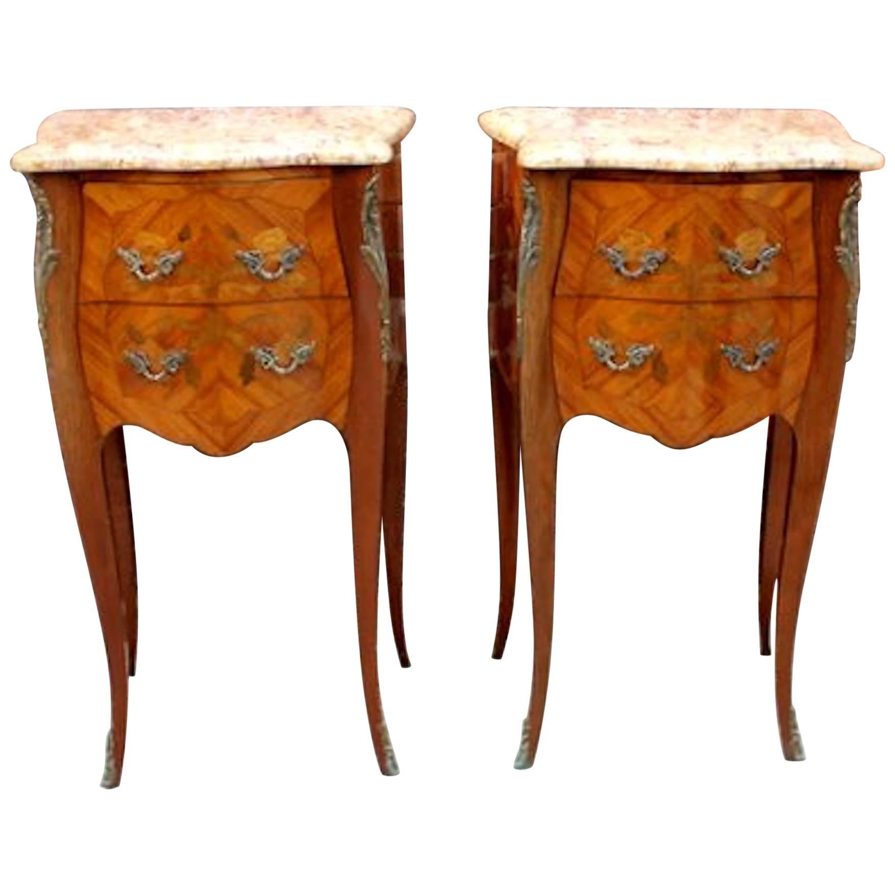 Pair of French Marquetry Inlaid Kingwood Marble Top Chairside Tables