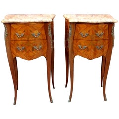 Pair of French Marquetry Inlaid Kingwood Marble Top Chairside Tables