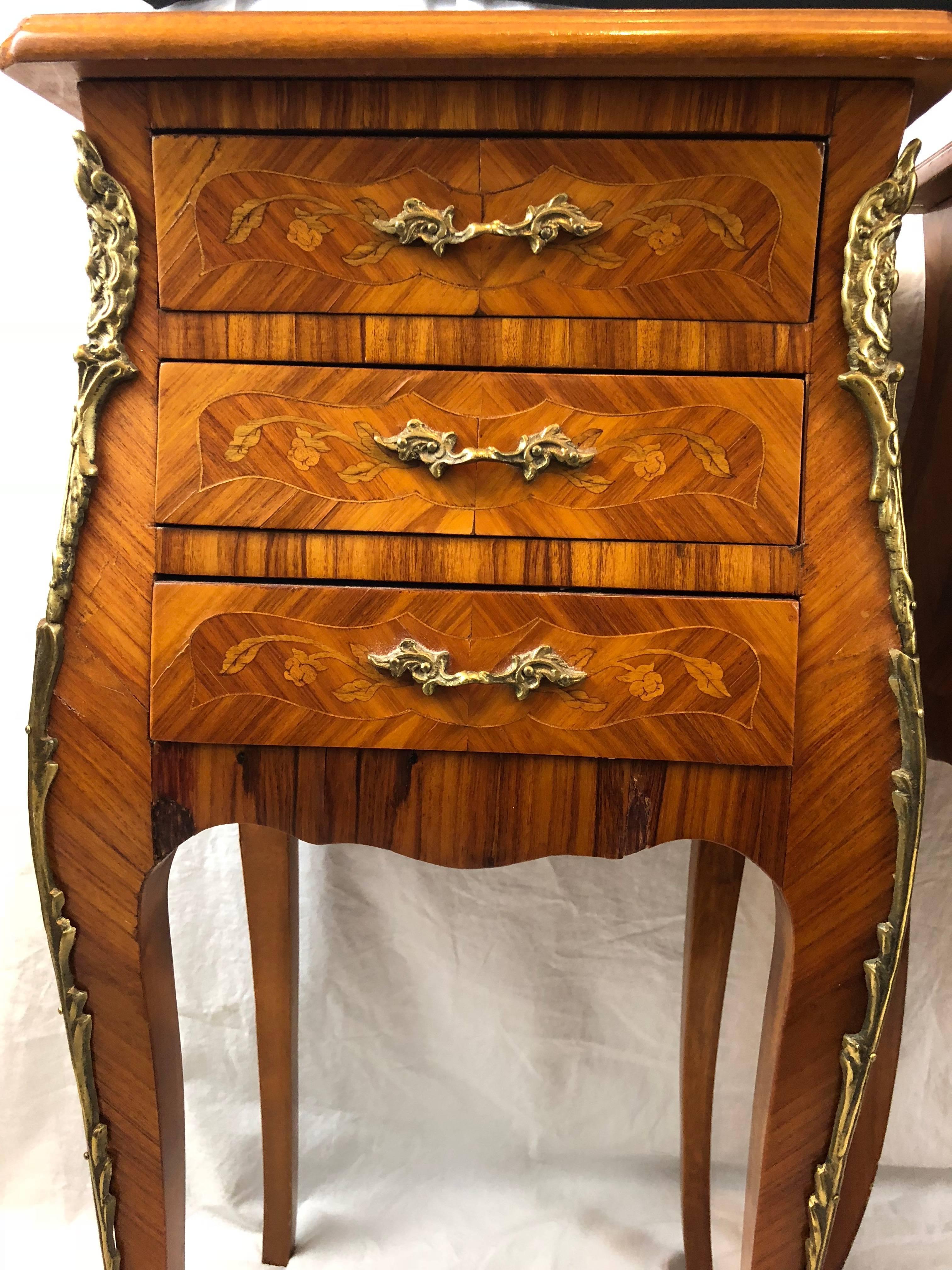 20th Century Pair of French Marquetry Inlaid Side Tables, Nightstands, Ormolu, circa 1930