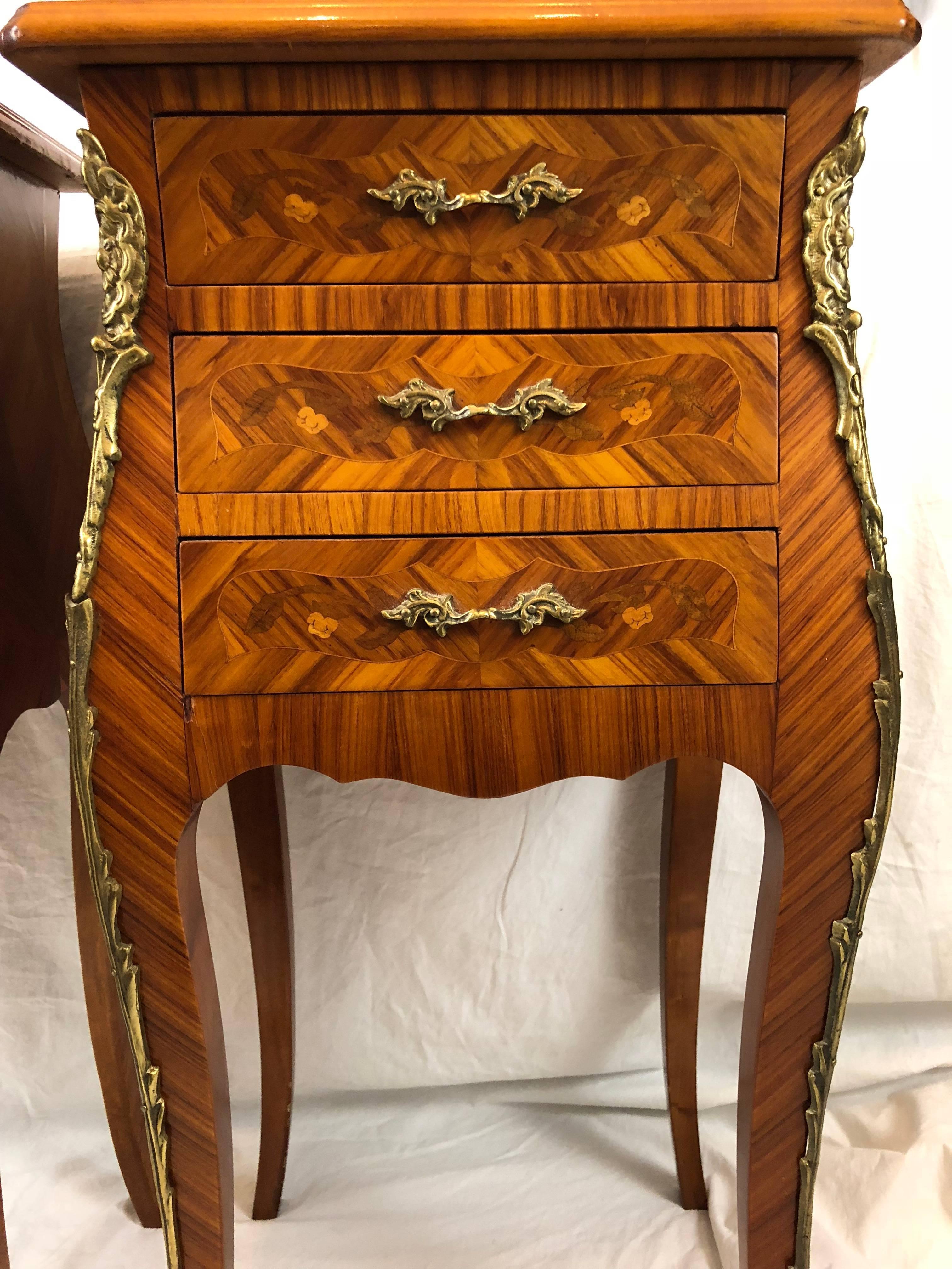 Fruitwood Pair of French Marquetry Inlaid Side Tables, Nightstands, Ormolu, circa 1930