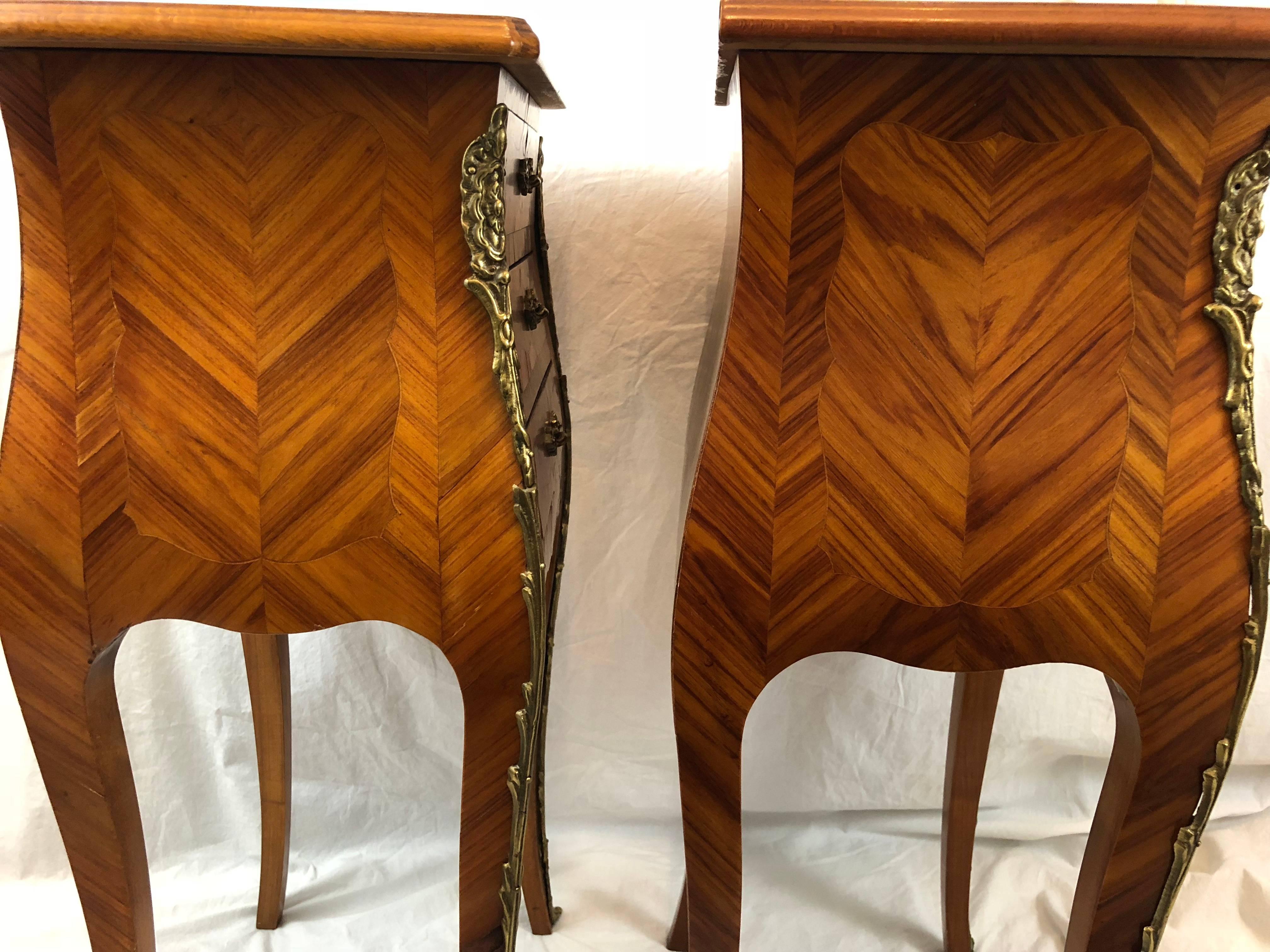 Pair of French Marquetry Inlaid Side Tables, Nightstands, Ormolu, circa 1930 2