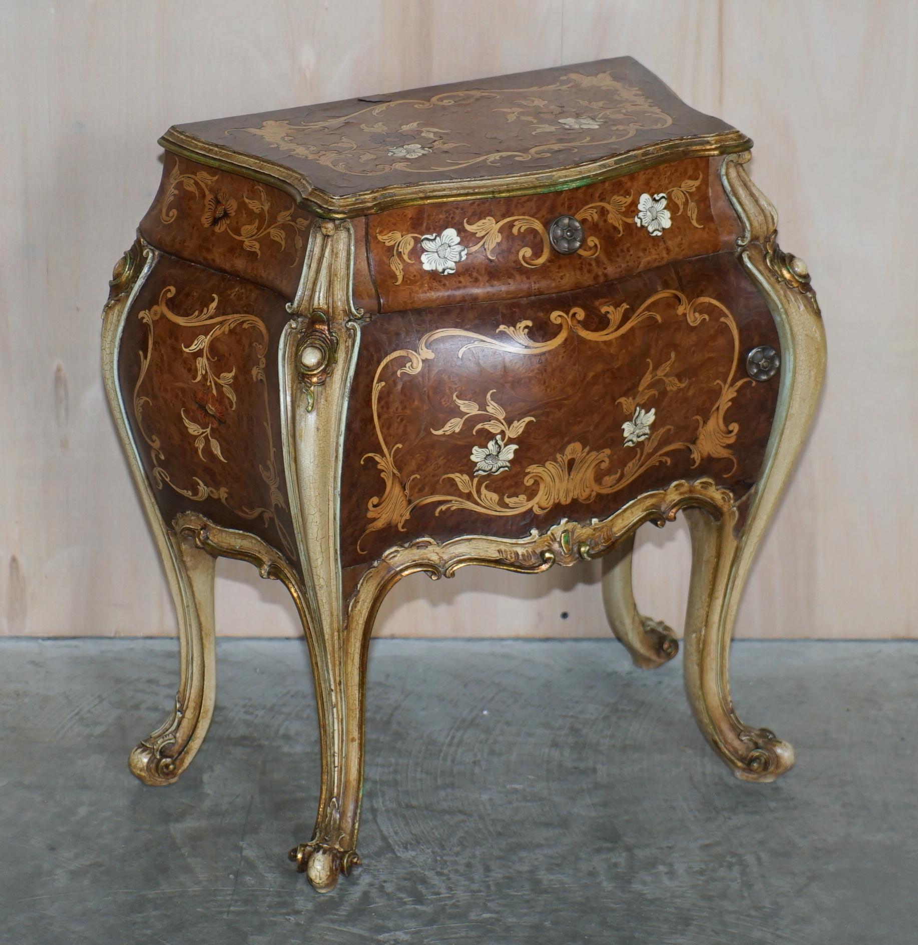 Pair of French Marquetry Inlaid Walnut Marble Bedside Bombe Chest of Drawers For Sale 6