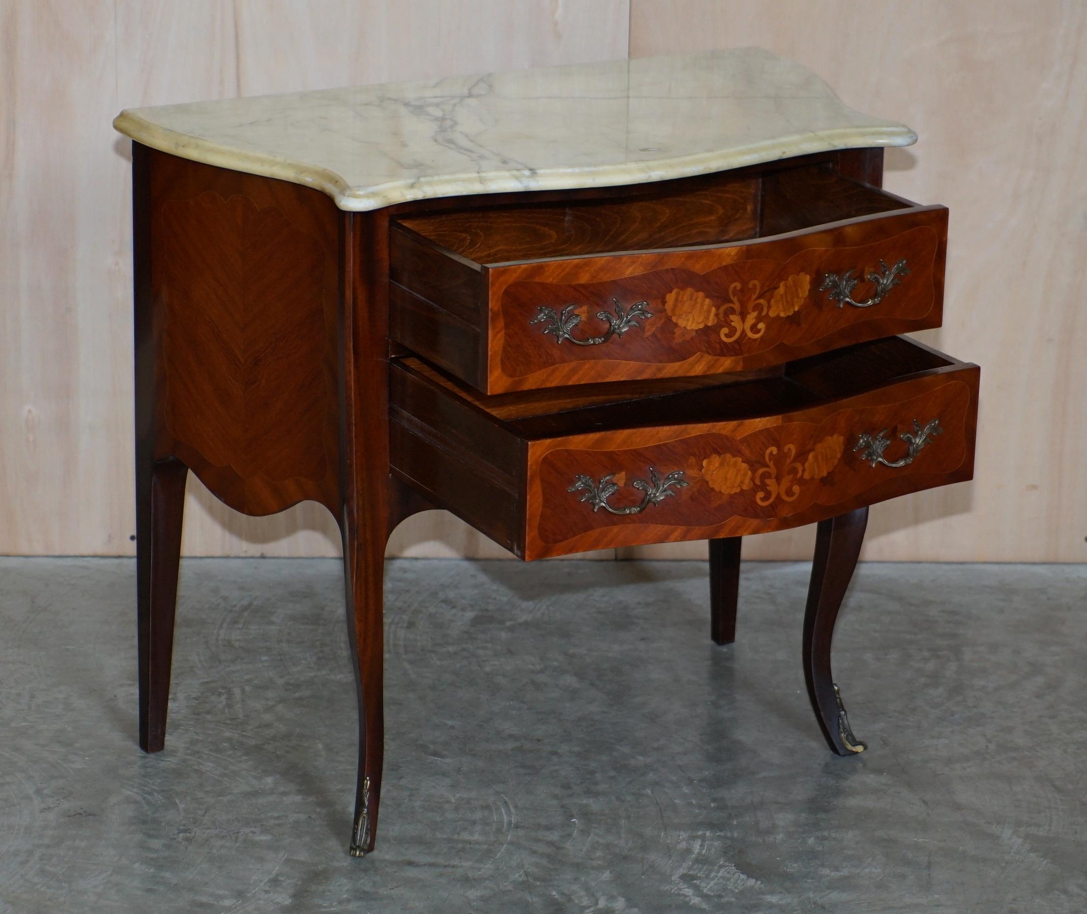 Pair of French Marquetry Inlaid Walnut Marble Bedside Bombe Chest of Drawers 6