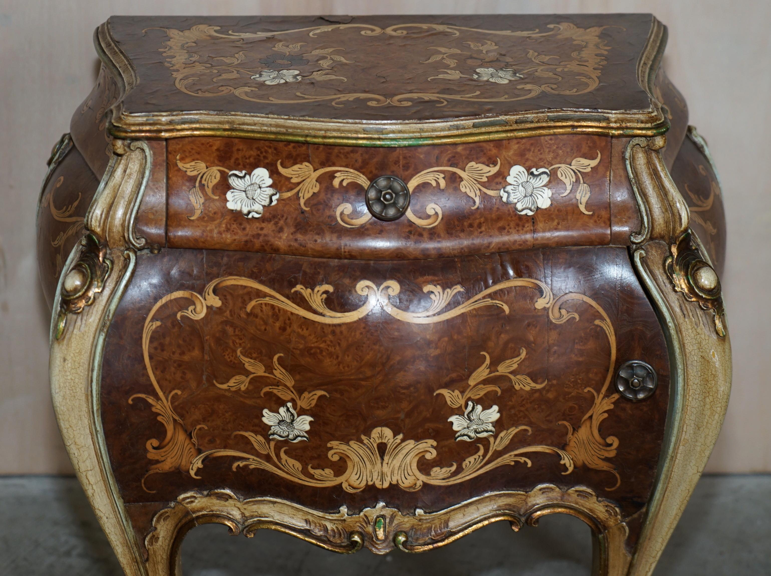 Pair of French Marquetry Inlaid Walnut Marble Bedside Bombe Chest of Drawers For Sale 8