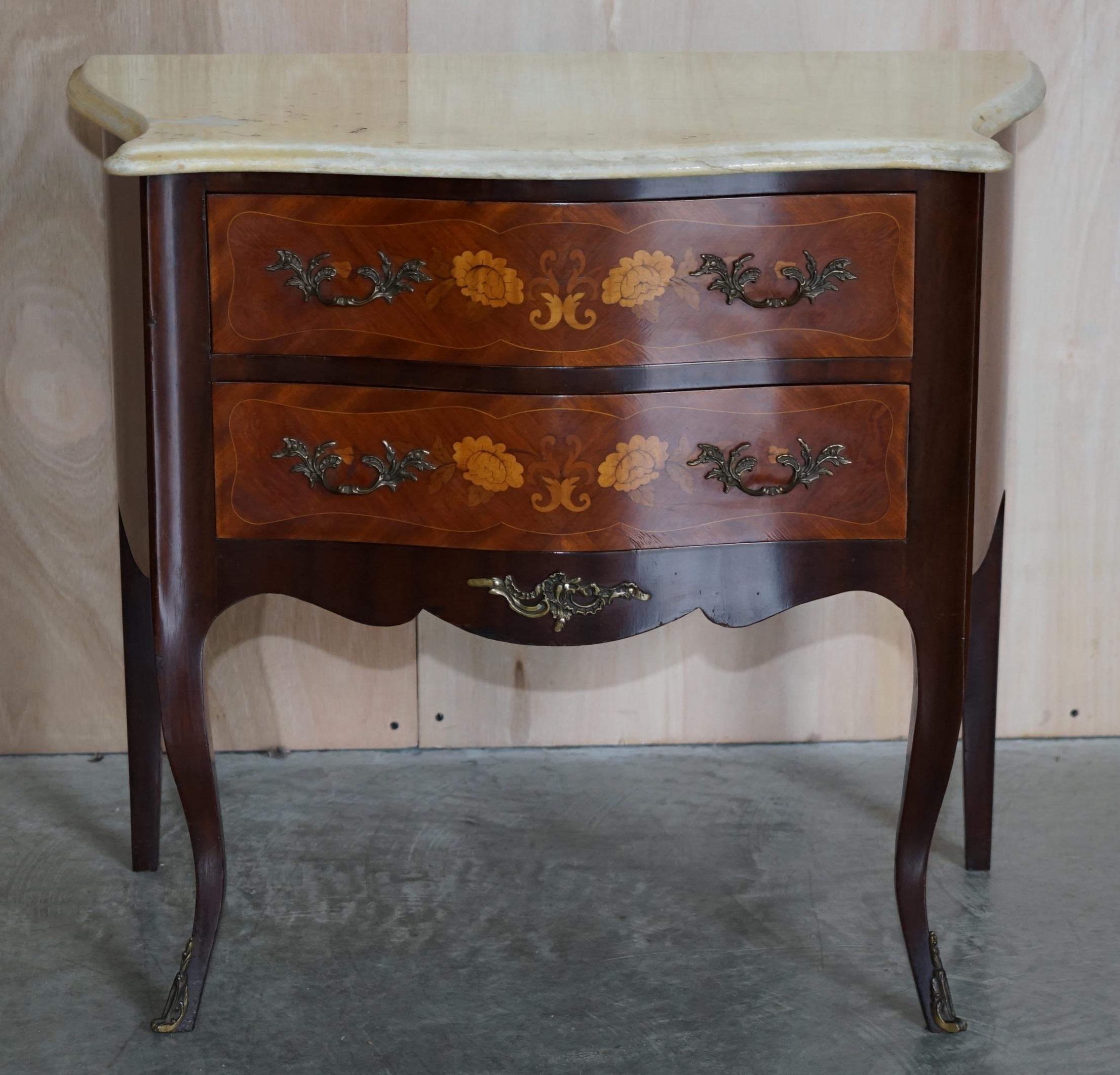 Pair of French Marquetry Inlaid Walnut Marble Bedside Bombe Chest of Drawers 10