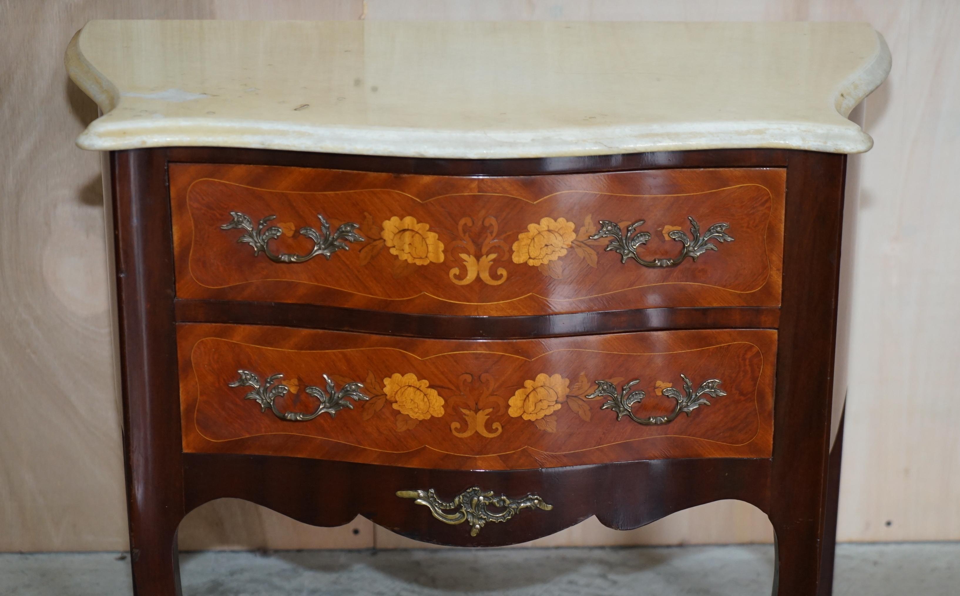 Pair of French Marquetry Inlaid Walnut Marble Bedside Bombe Chest of Drawers 11