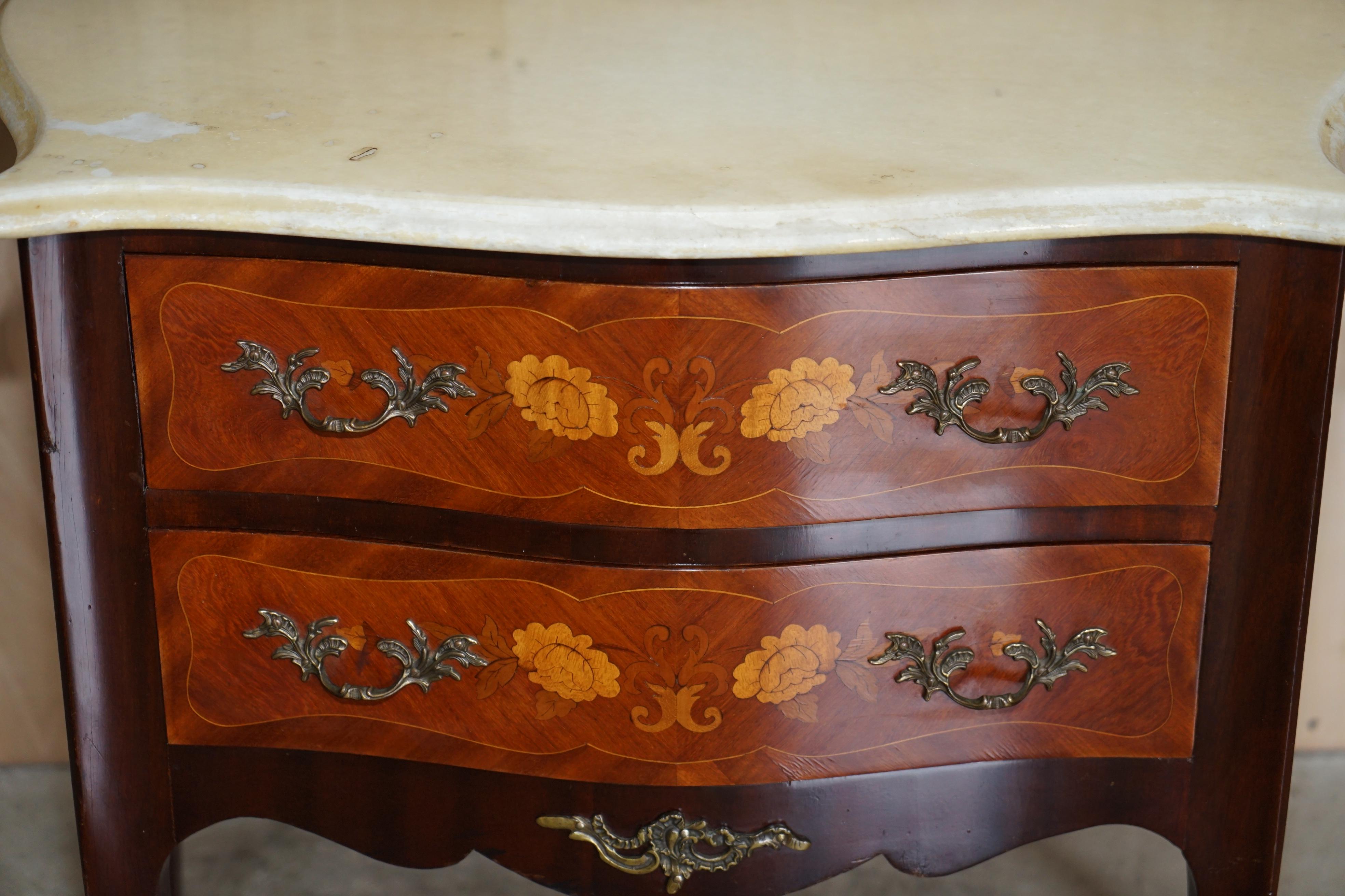 Pair of French Marquetry Inlaid Walnut Marble Bedside Bombe Chest of Drawers 14