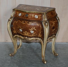 Pair of French Marquetry Inlaid Walnut Marble Bedside Bombe Chest of Drawers