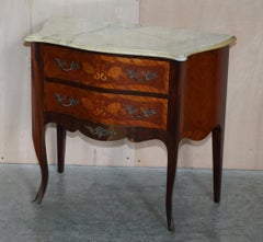 Pair of French Marquetry Inlaid Walnut Marble Bedside Bombe Chest of Drawers