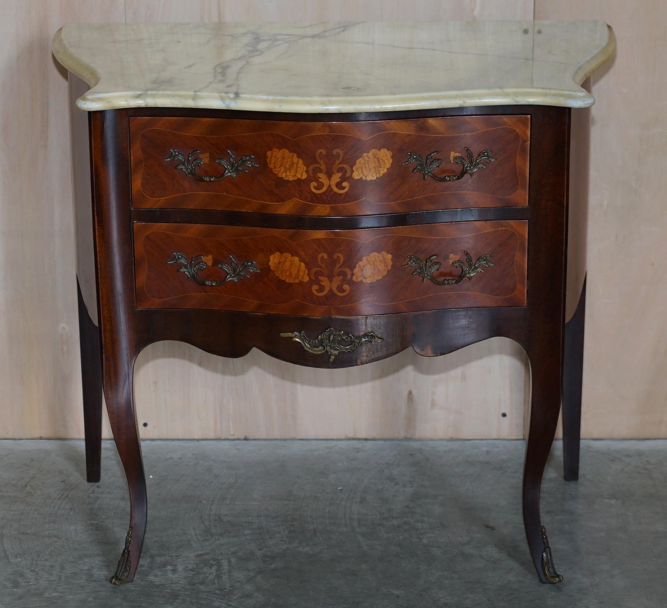 Victorian Pair of French Marquetry Inlaid Walnut Marble Bedside Bombe Chest of Drawers