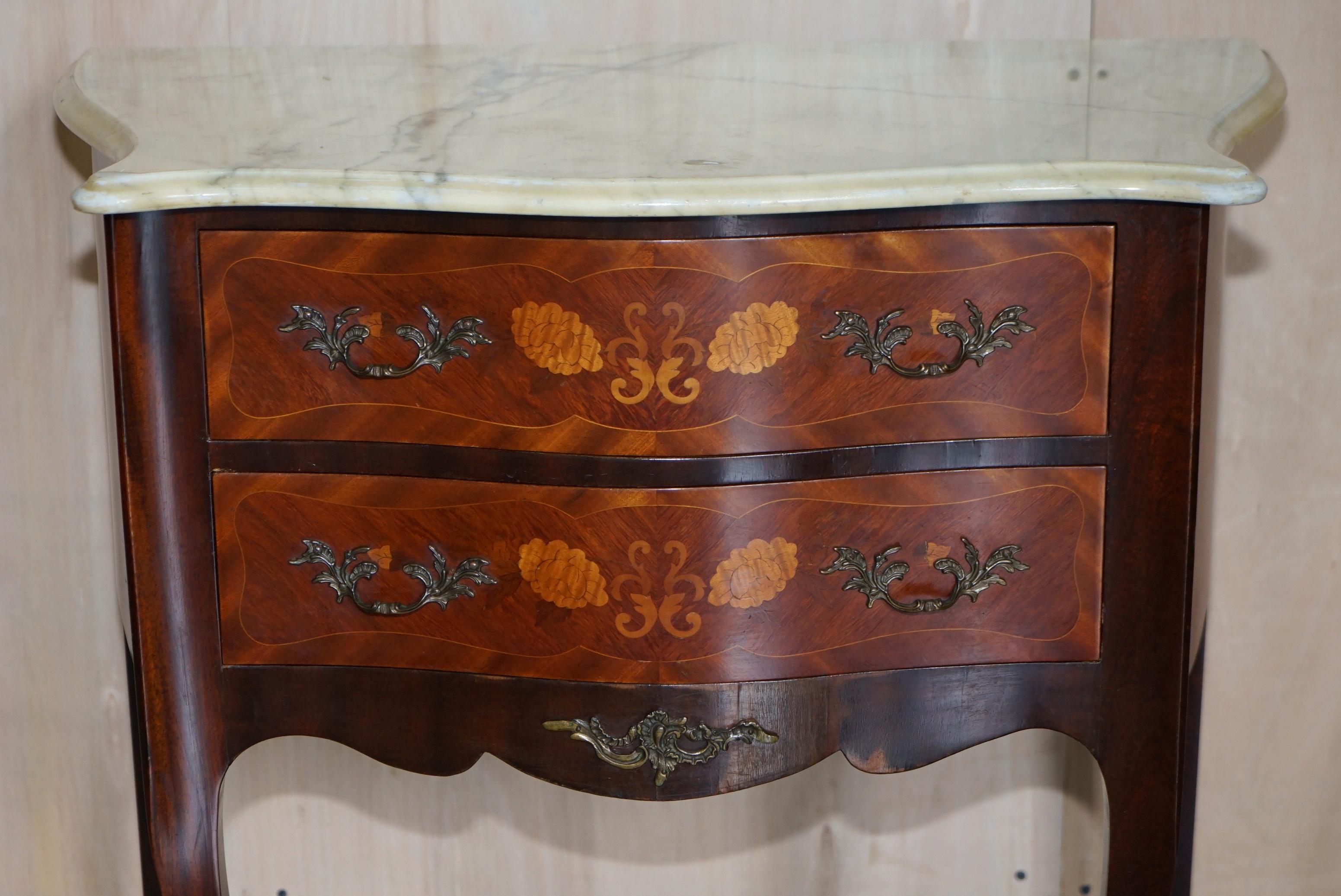 Hand-Crafted Pair of French Marquetry Inlaid Walnut Marble Bedside Bombe Chest of Drawers