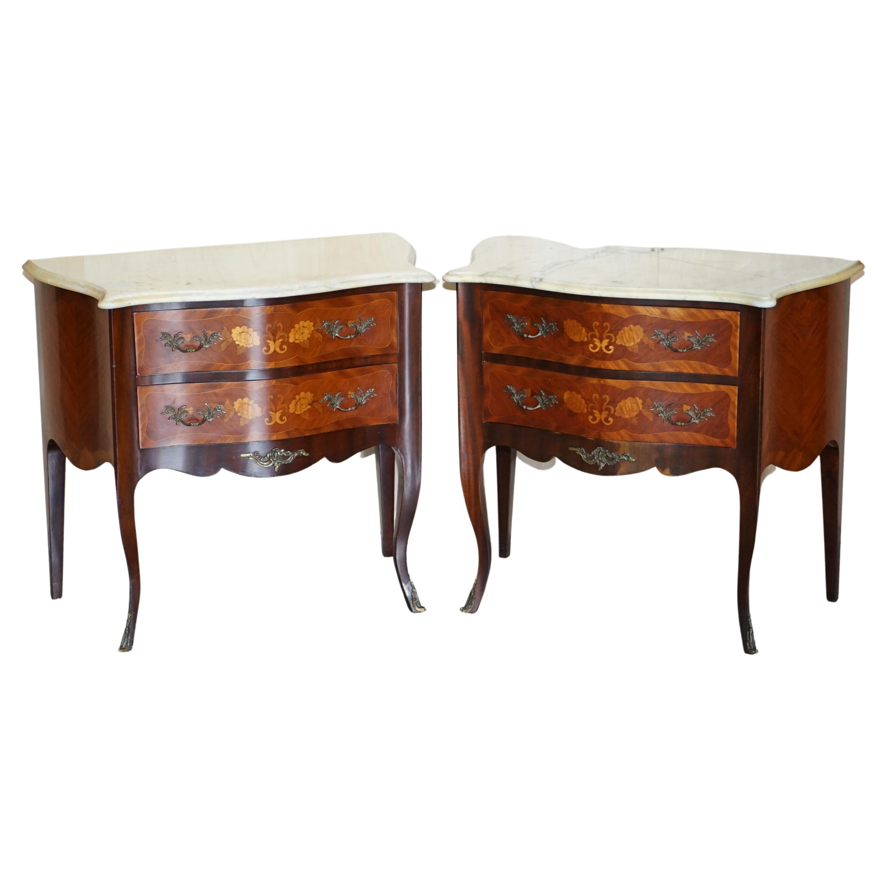 Pair of French Marquetry Inlaid Walnut Marble Bedside Bombe Chest of Drawers