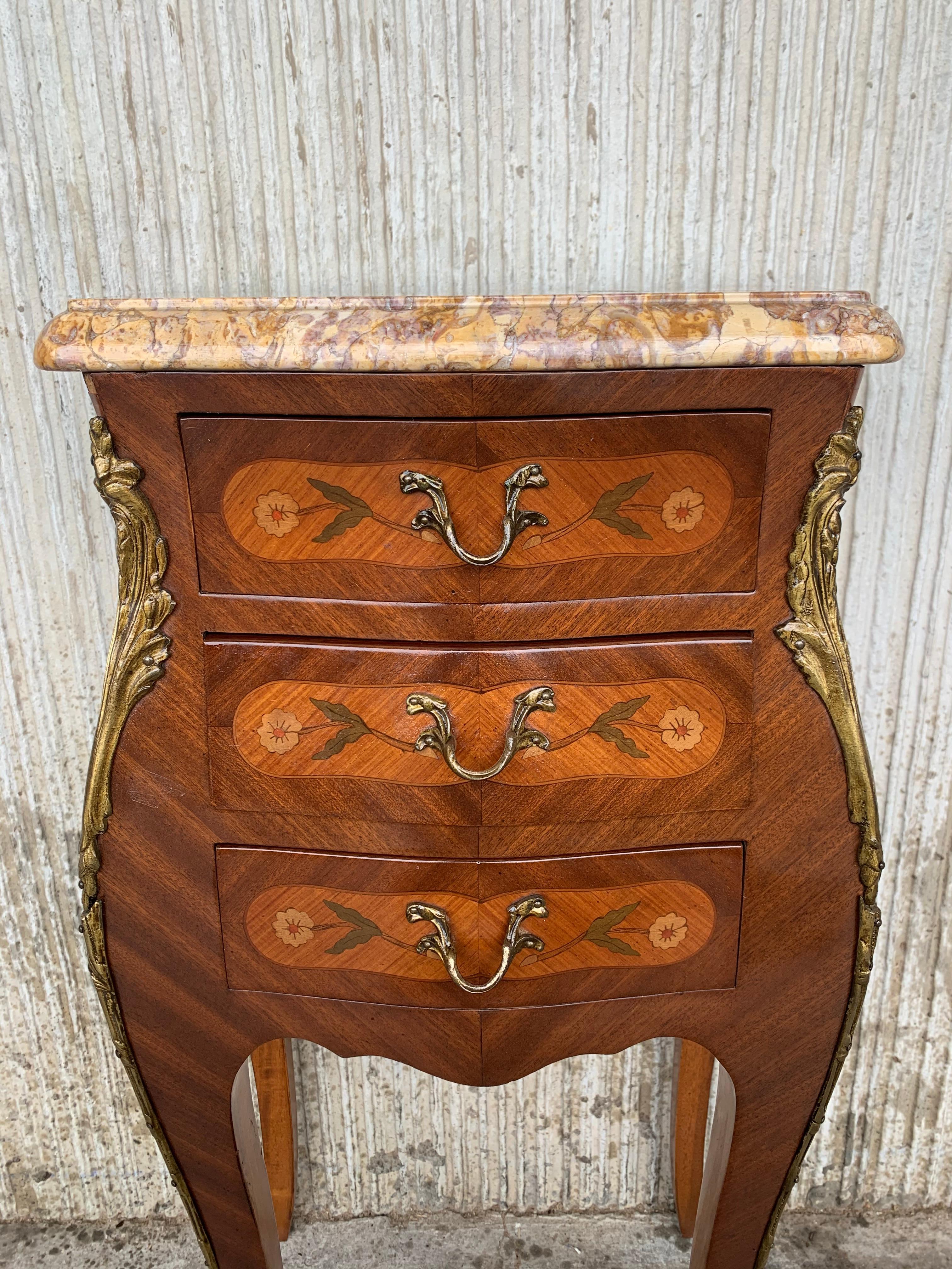 Pair of French Marquetry Nightstands with Three Drawers and Bronze Hardware For Sale 5