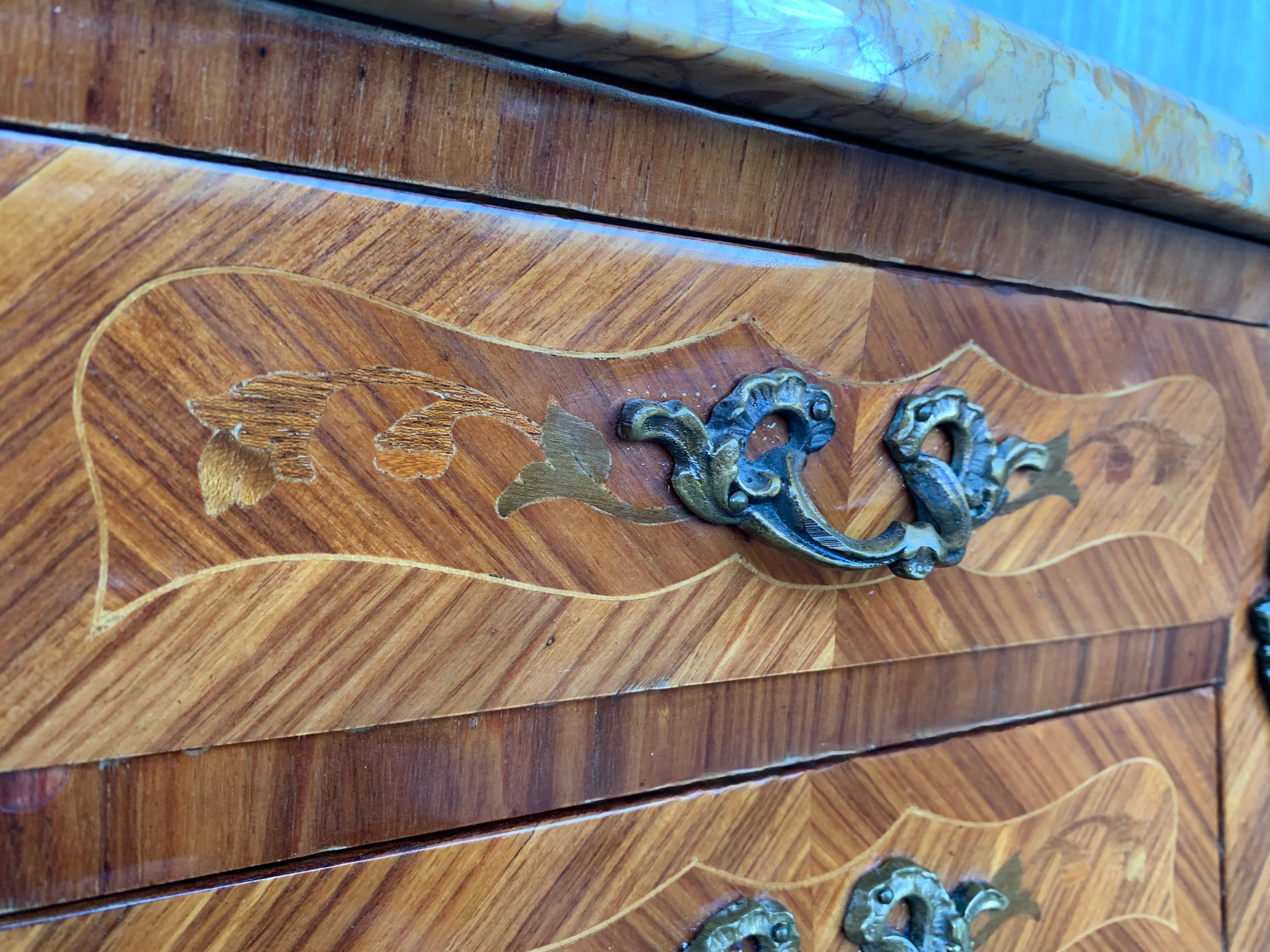 Pair of French Marquetry Nightstands with Three Drawers and Bronze Hardware 2