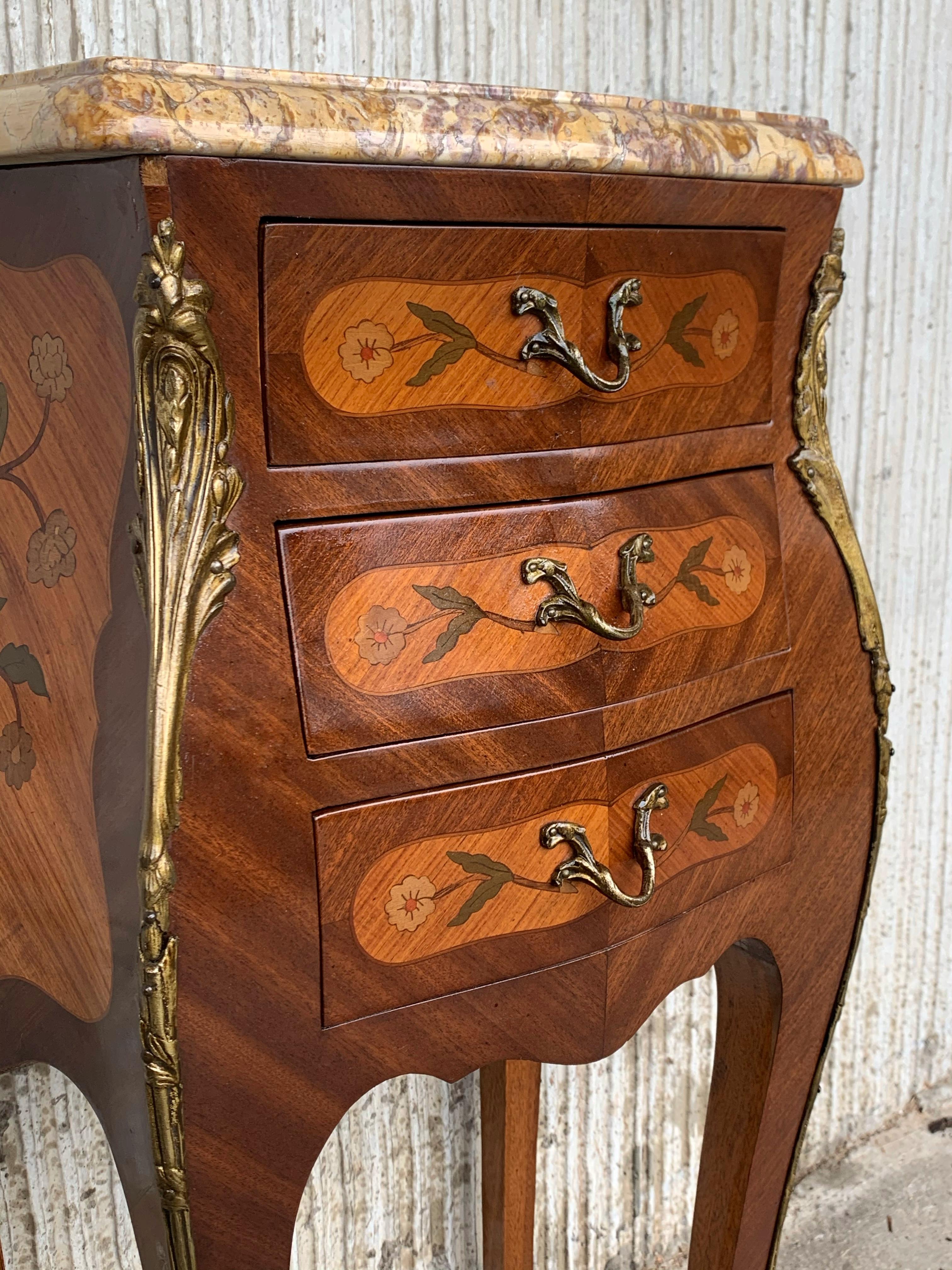 Pair of French Marquetry Nightstands with Three Drawers and Bronze Hardware For Sale 6