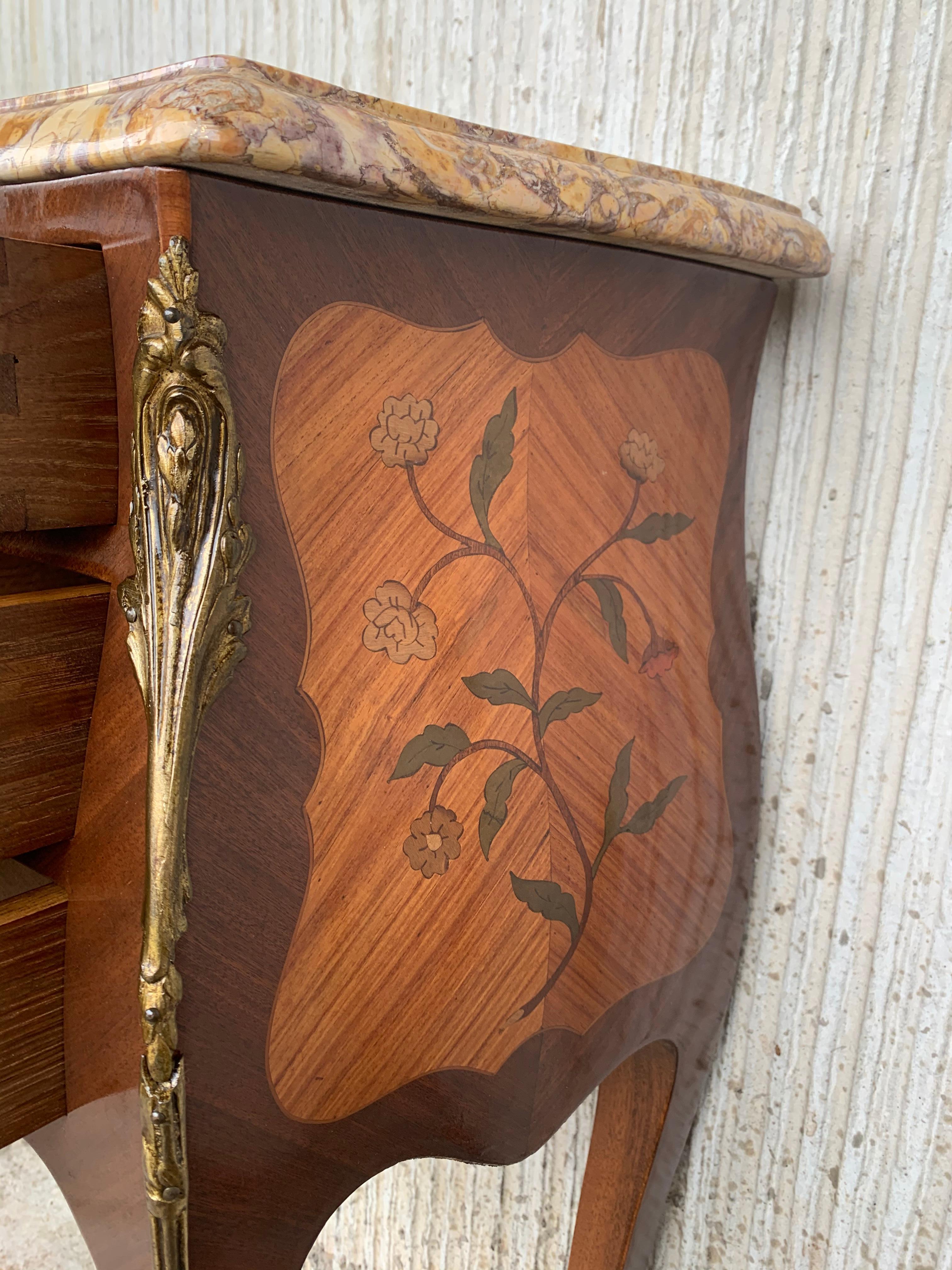 Pair of French Marquetry Nightstands with Three Drawers and Bronze Hardware For Sale 7