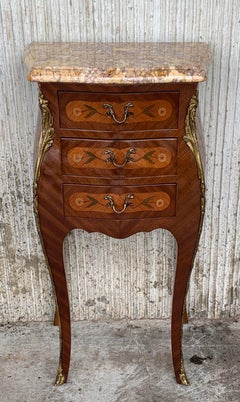 Pair of French Marquetry Nightstands with Three Drawers and Bronze Hardware