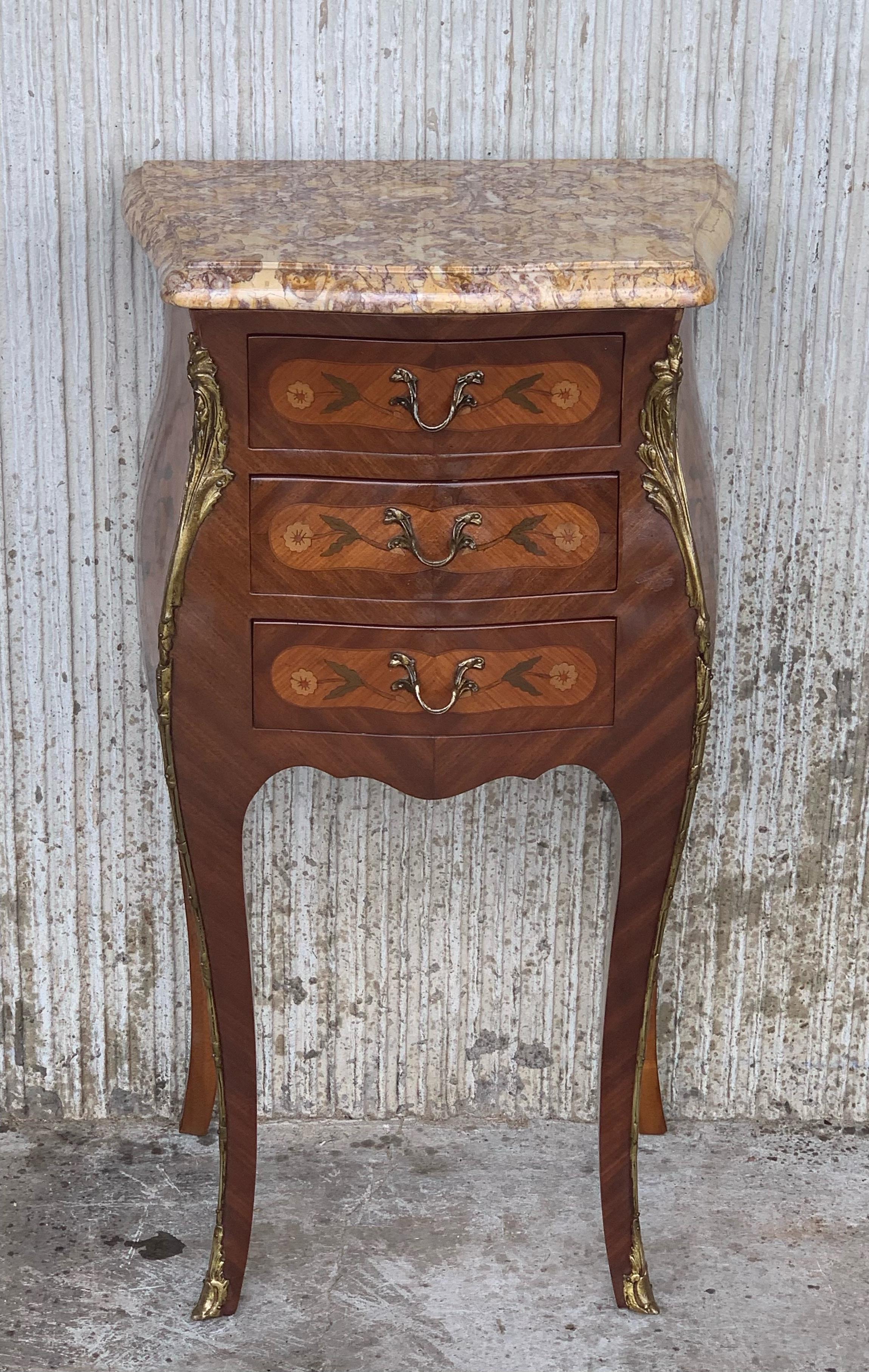 French Provincial Pair of French Marquetry Nightstands with Three Drawers and Bronze Hardware For Sale