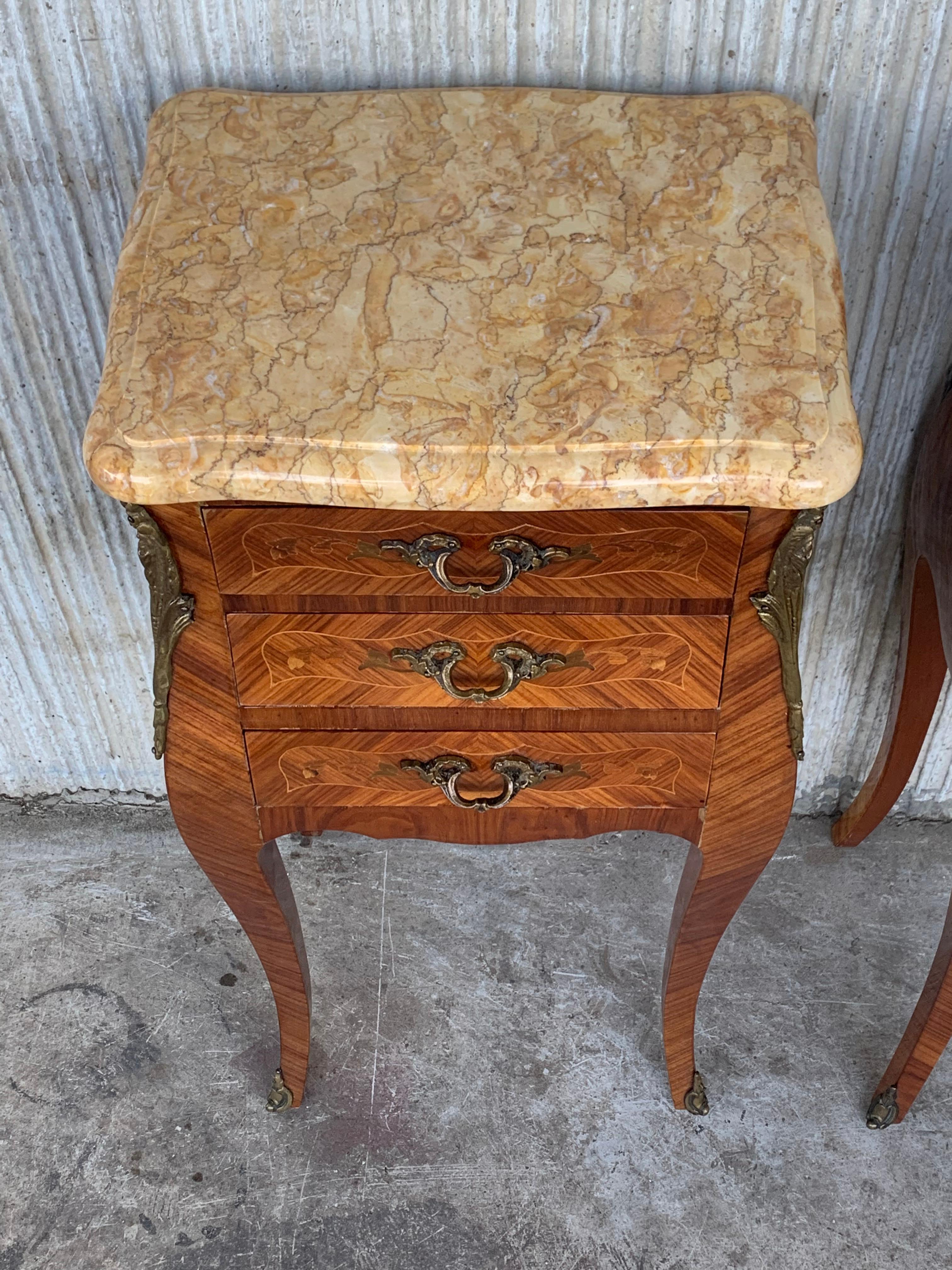 French Provincial Pair of French Marquetry Nightstands with Three Drawers and Bronze Hardware