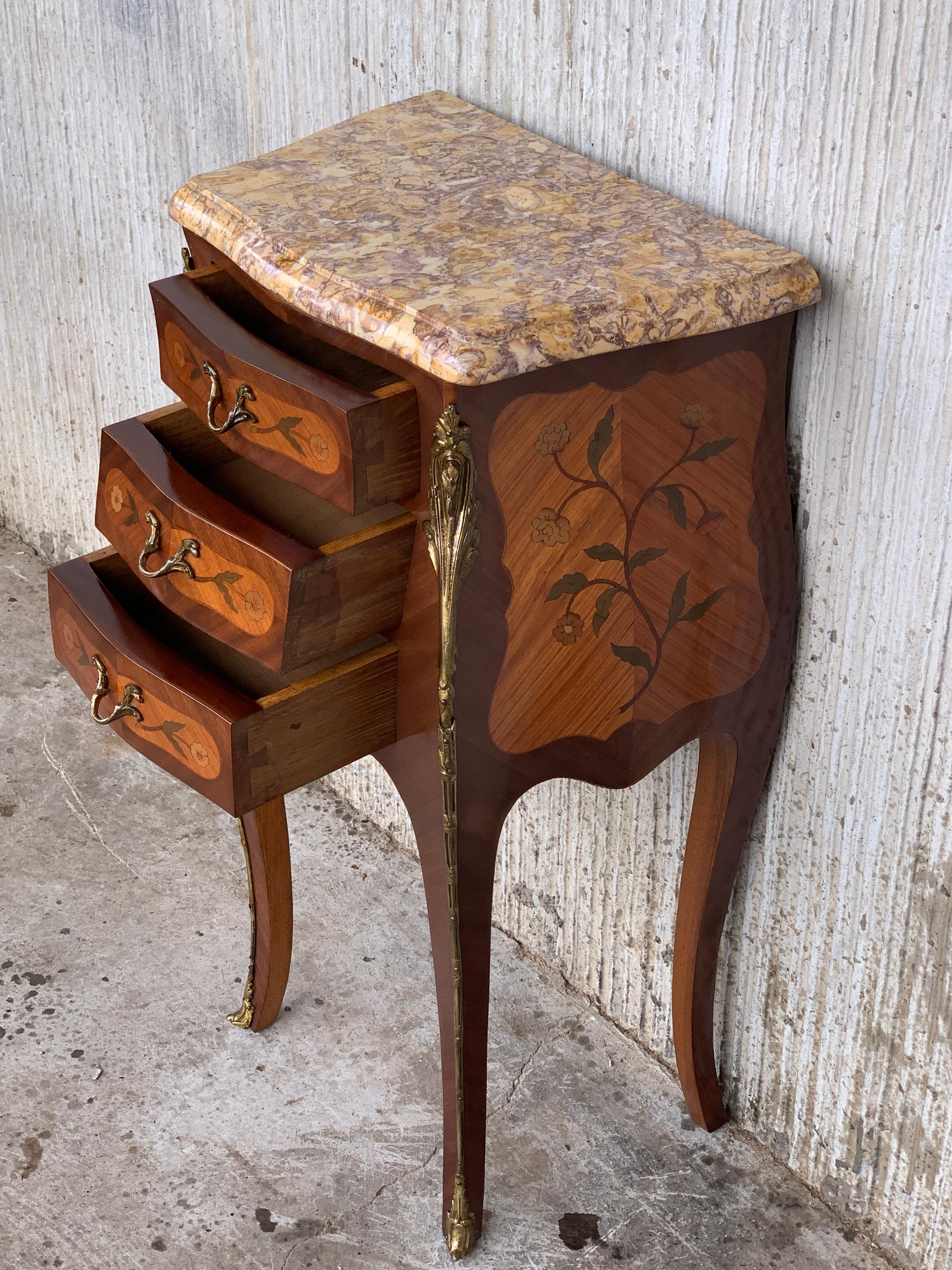 Pair of French Marquetry Nightstands with Three Drawers and Bronze Hardware For Sale 2