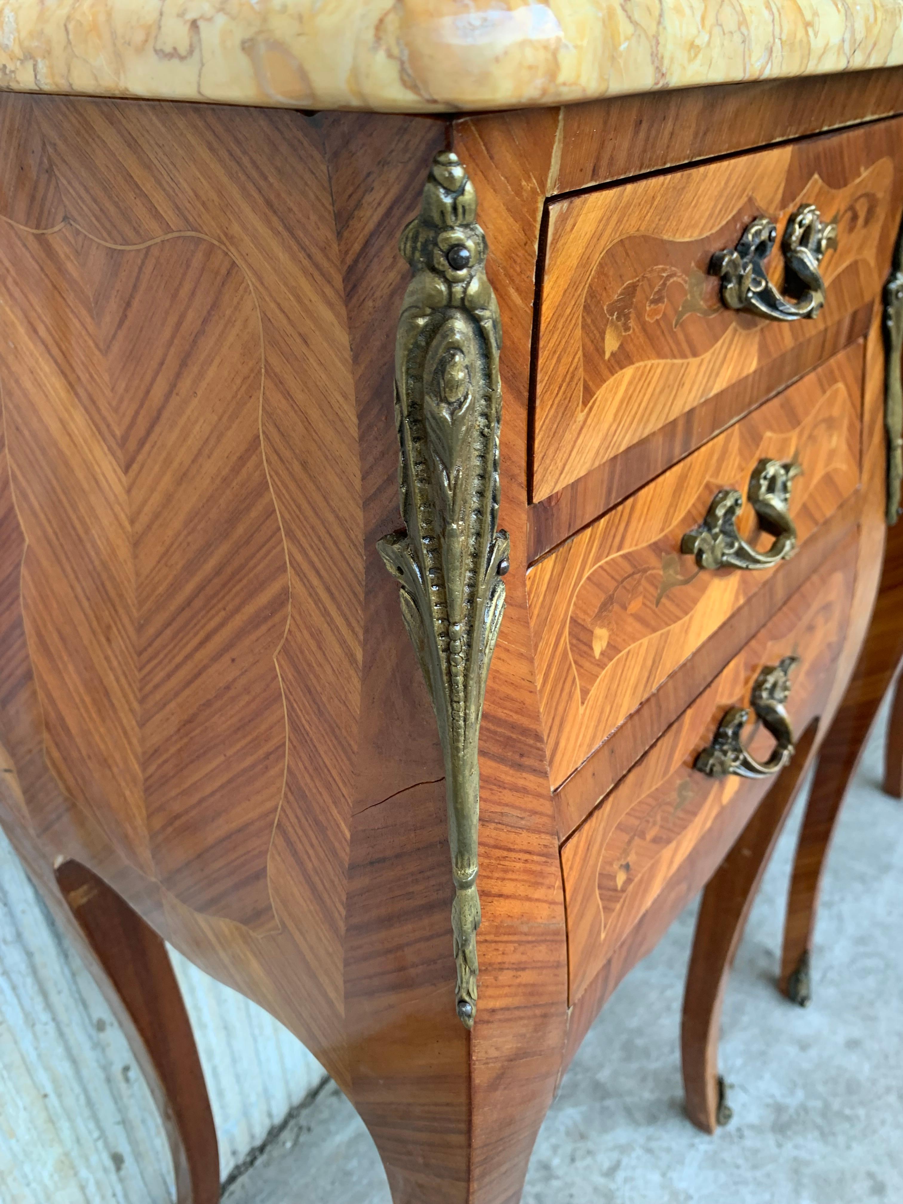 20th Century Pair of French Marquetry Nightstands with Three Drawers and Bronze Hardware