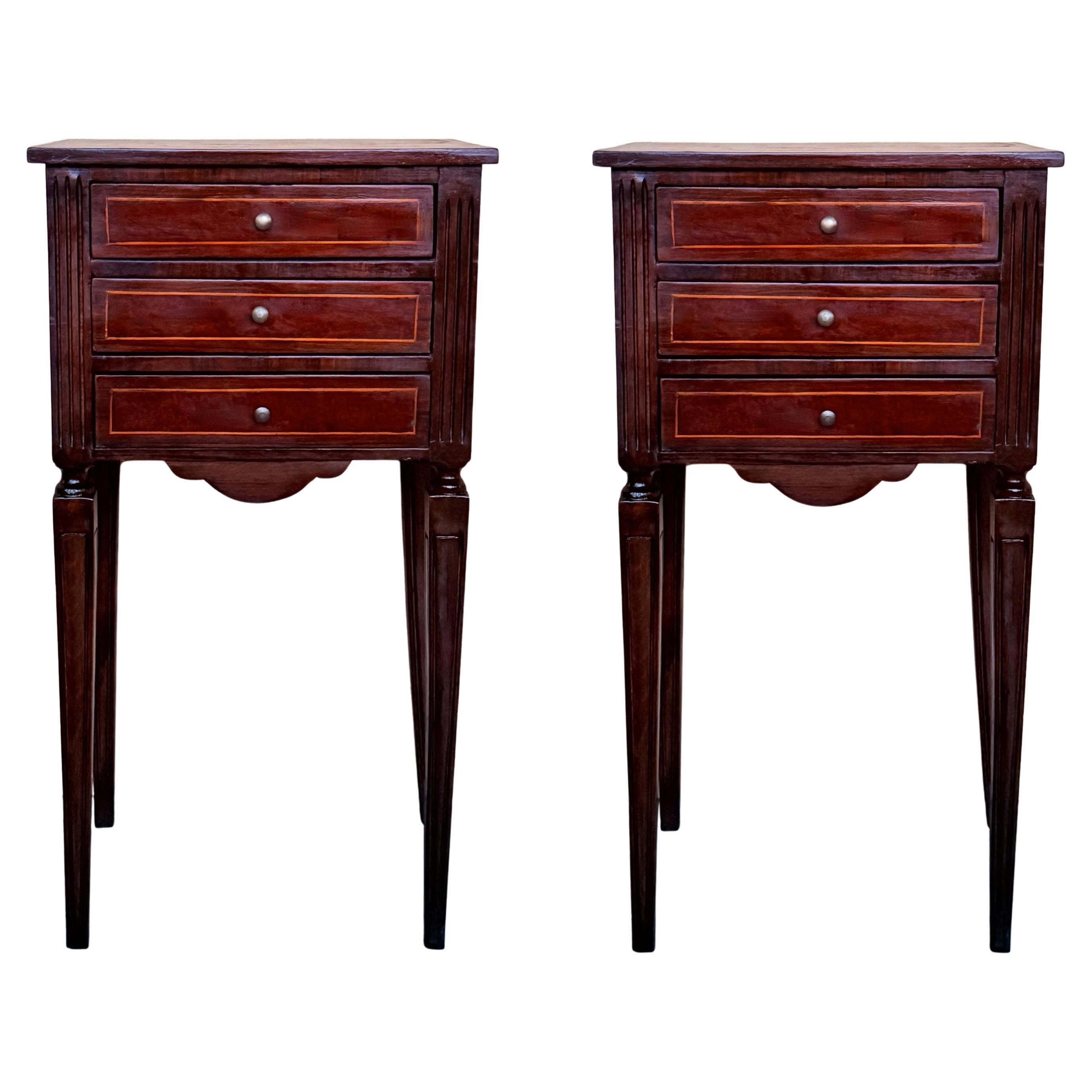 Pair of French Marquetry Nightstands with Three Drawers and Bronze Hardware