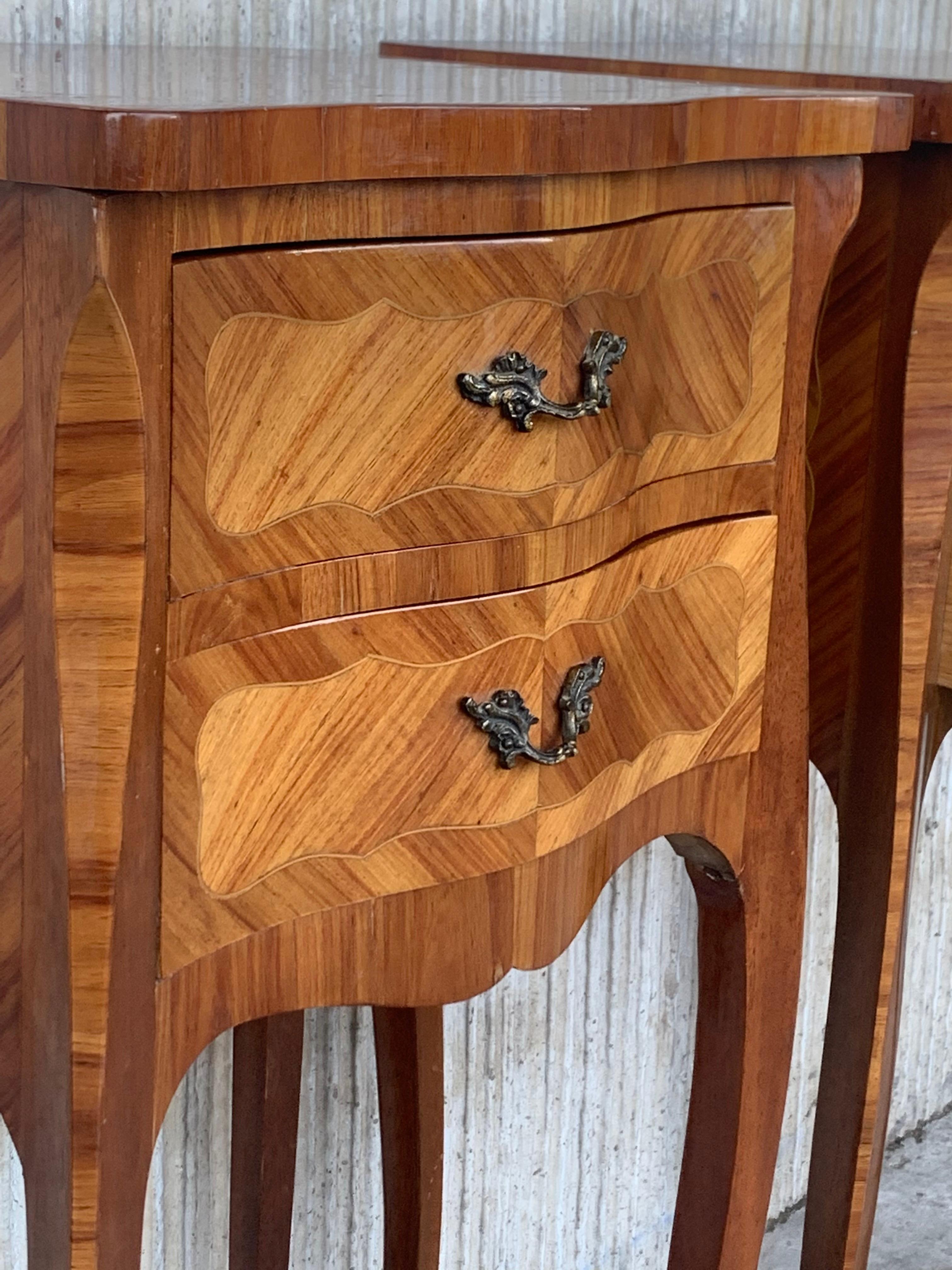 Pair of French Marquetry Nightstands with Two Drawers and Bronze Hardware 5