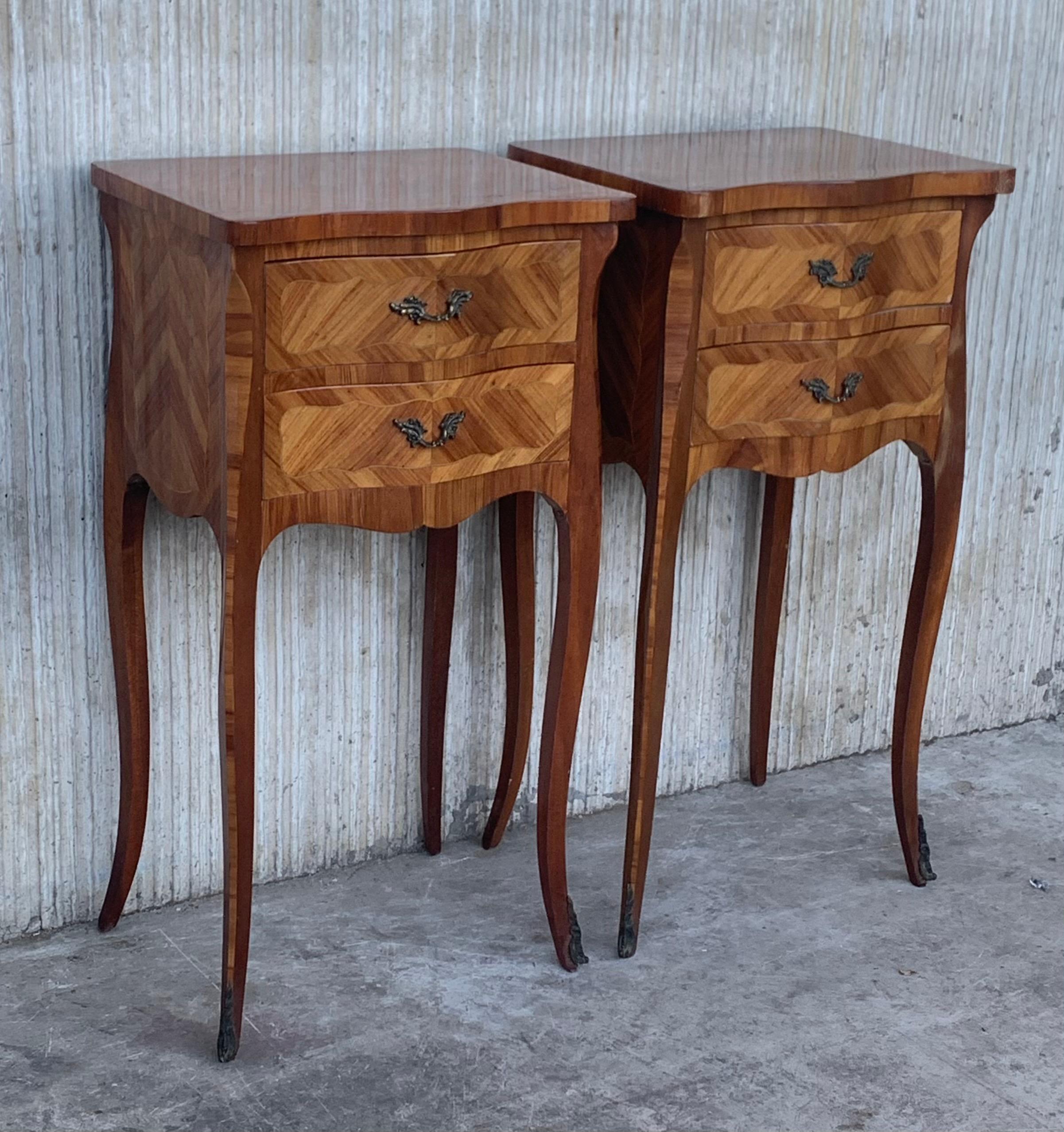 French Provincial Pair of French Marquetry Nightstands with Two Drawers and Bronze Hardware