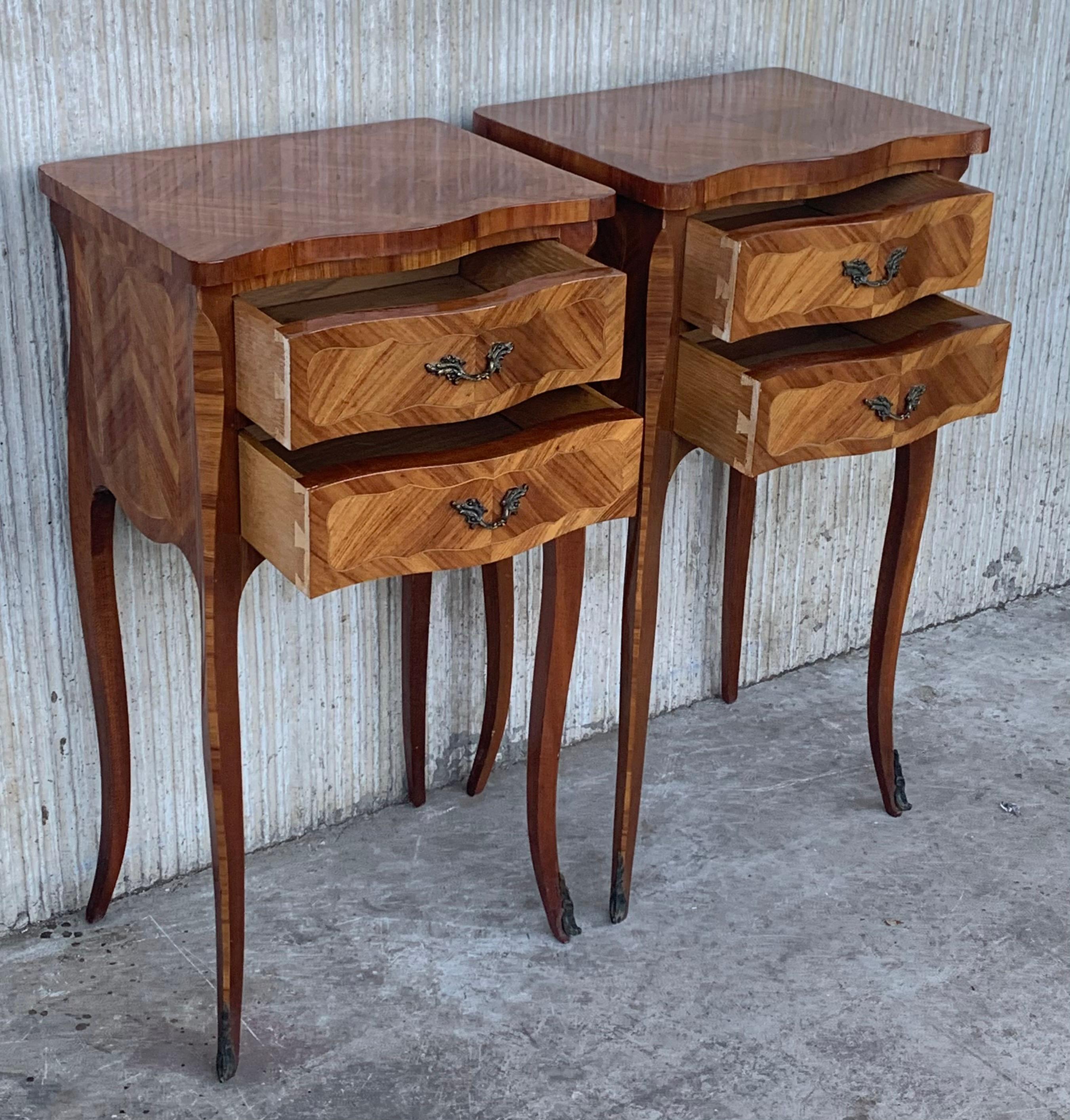 20th Century Pair of French Marquetry Nightstands with Two Drawers and Bronze Hardware