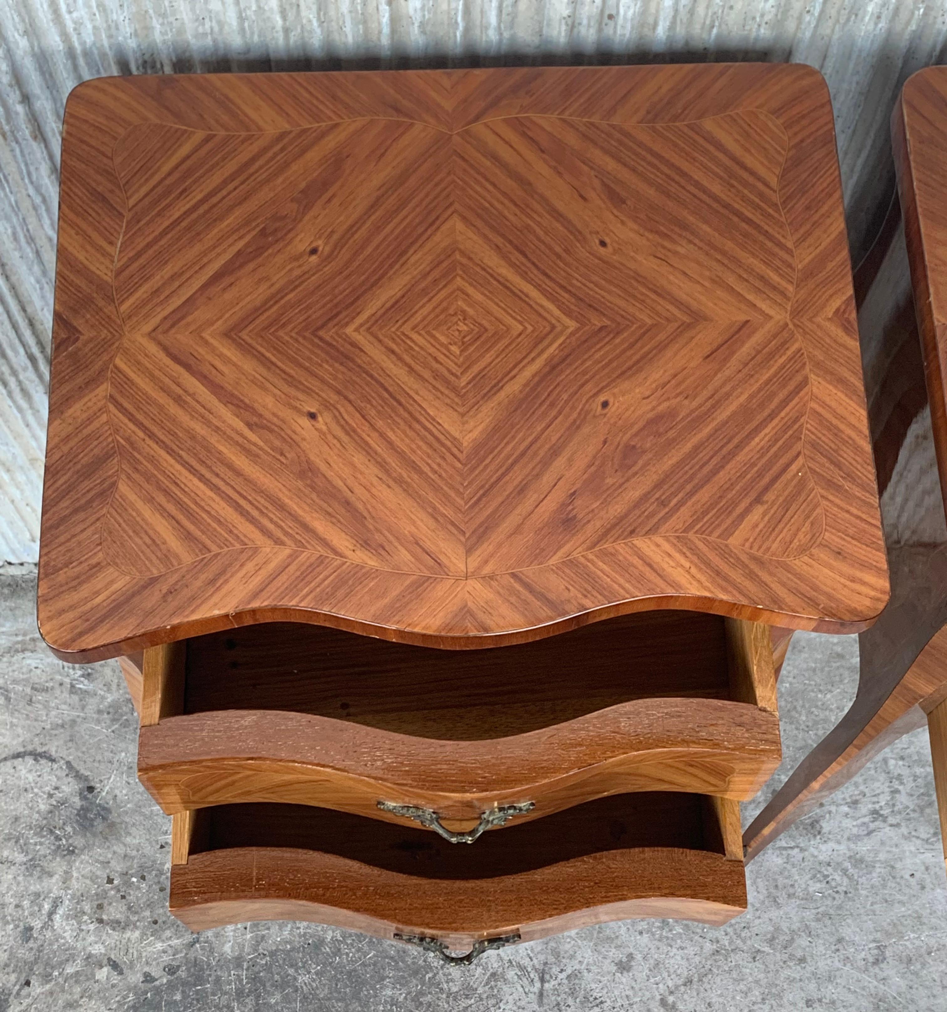 Pair of French Marquetry Nightstands with Two Drawers and Bronze Hardware 2