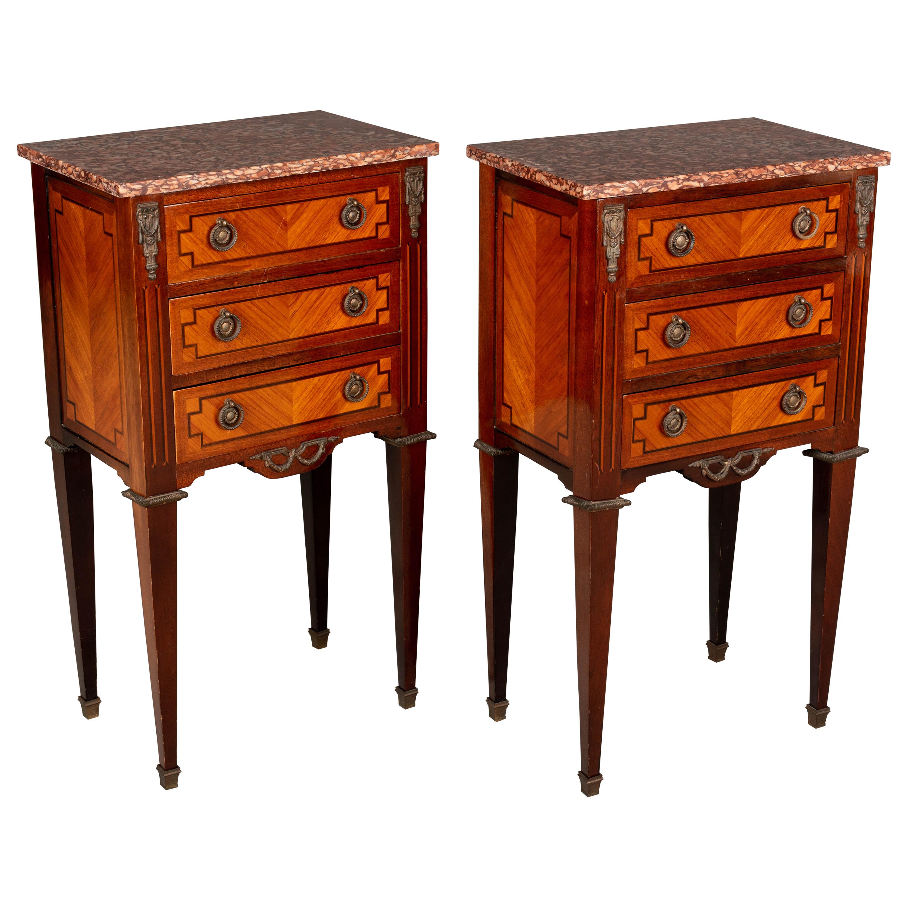 Louis XVI French Marquetry Side Tables or Nightstands Pair