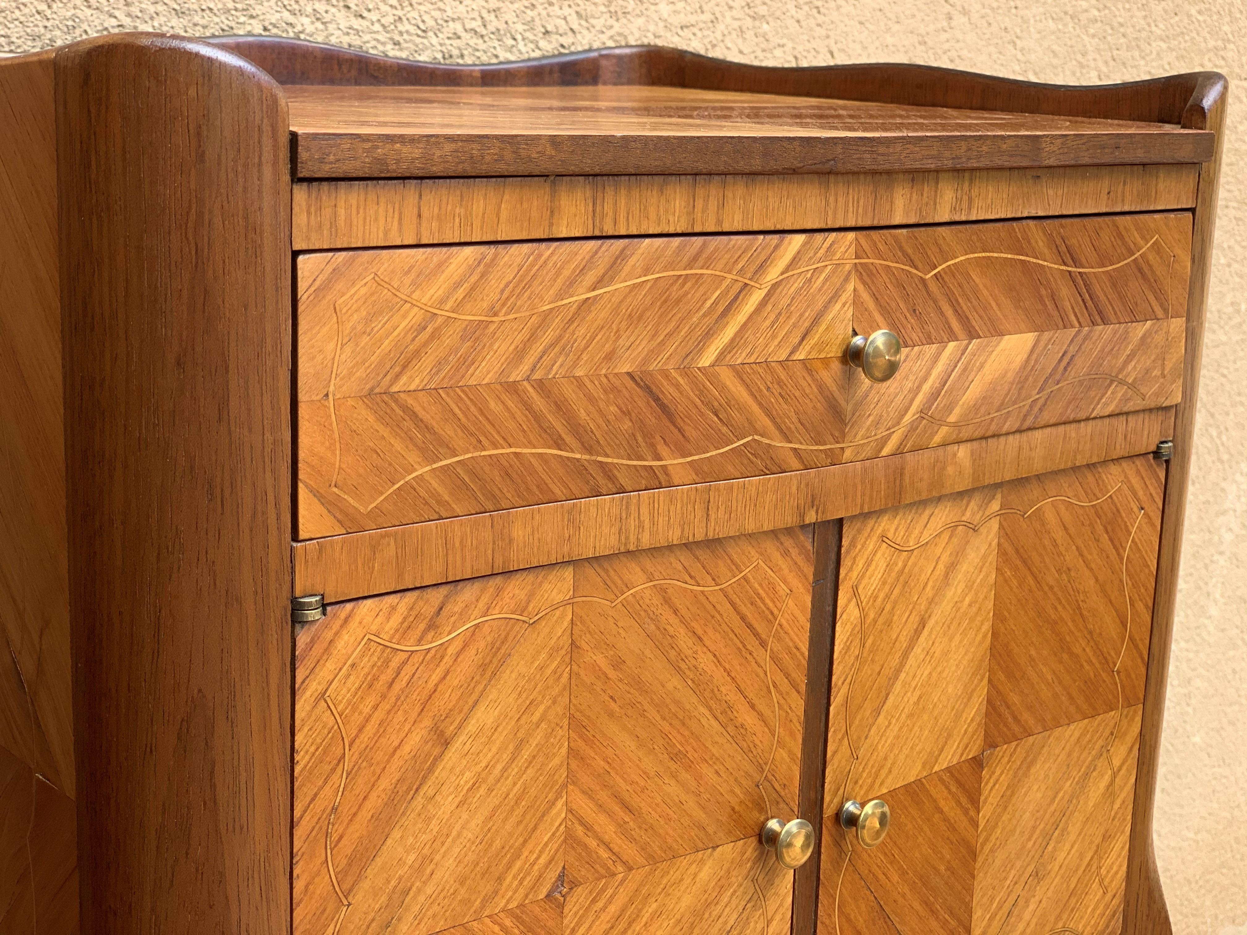 Pair of French Marquetry Walnut Bedside Matching Tables with Drawers and Door 3