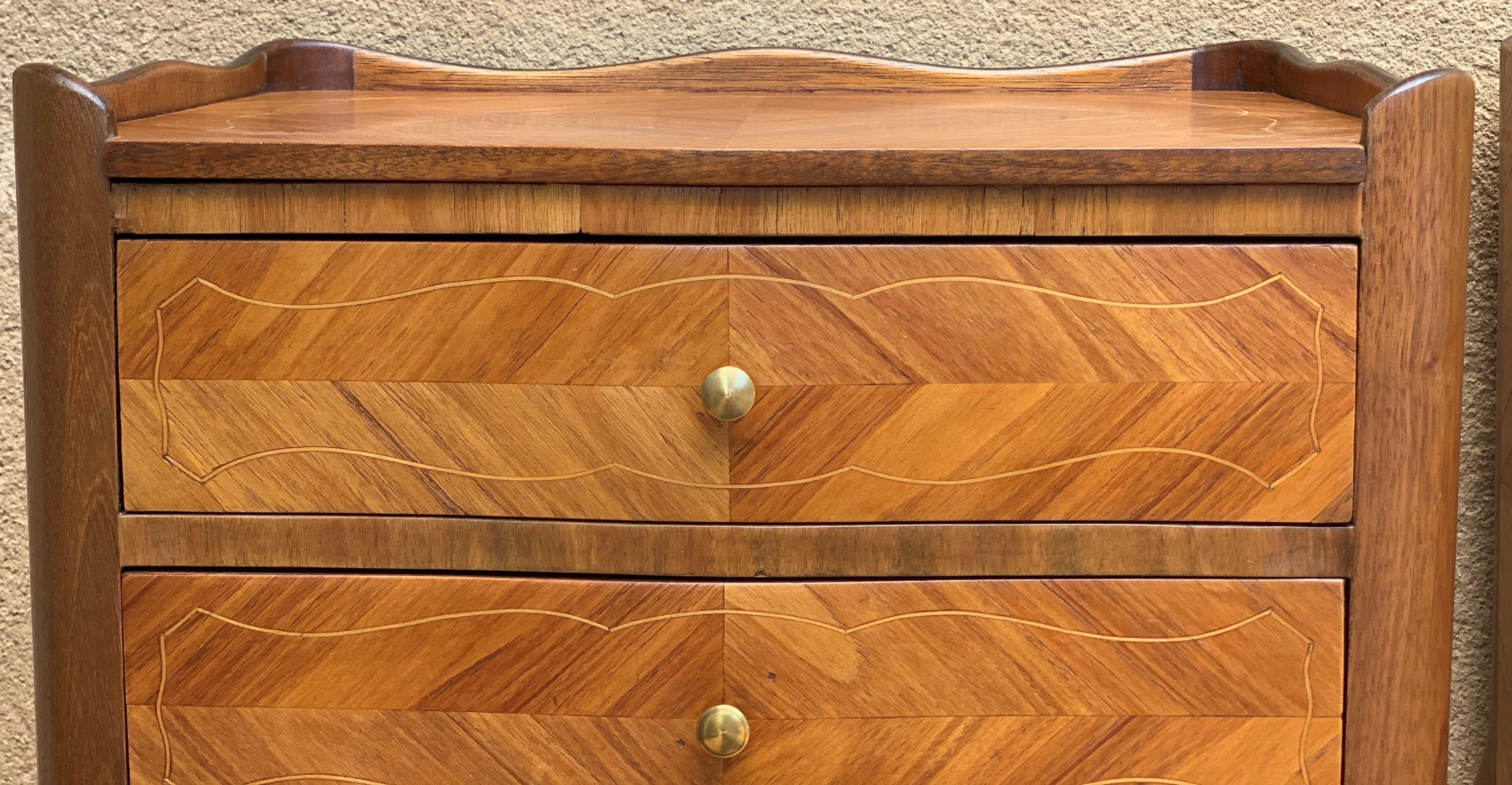 Pair of French Marquetry Walnut Bedside Matching Tables with Drawers and Door 4