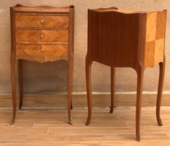 Pair of French Marquetry Walnut Bedside Matching Tables with Drawers and Door