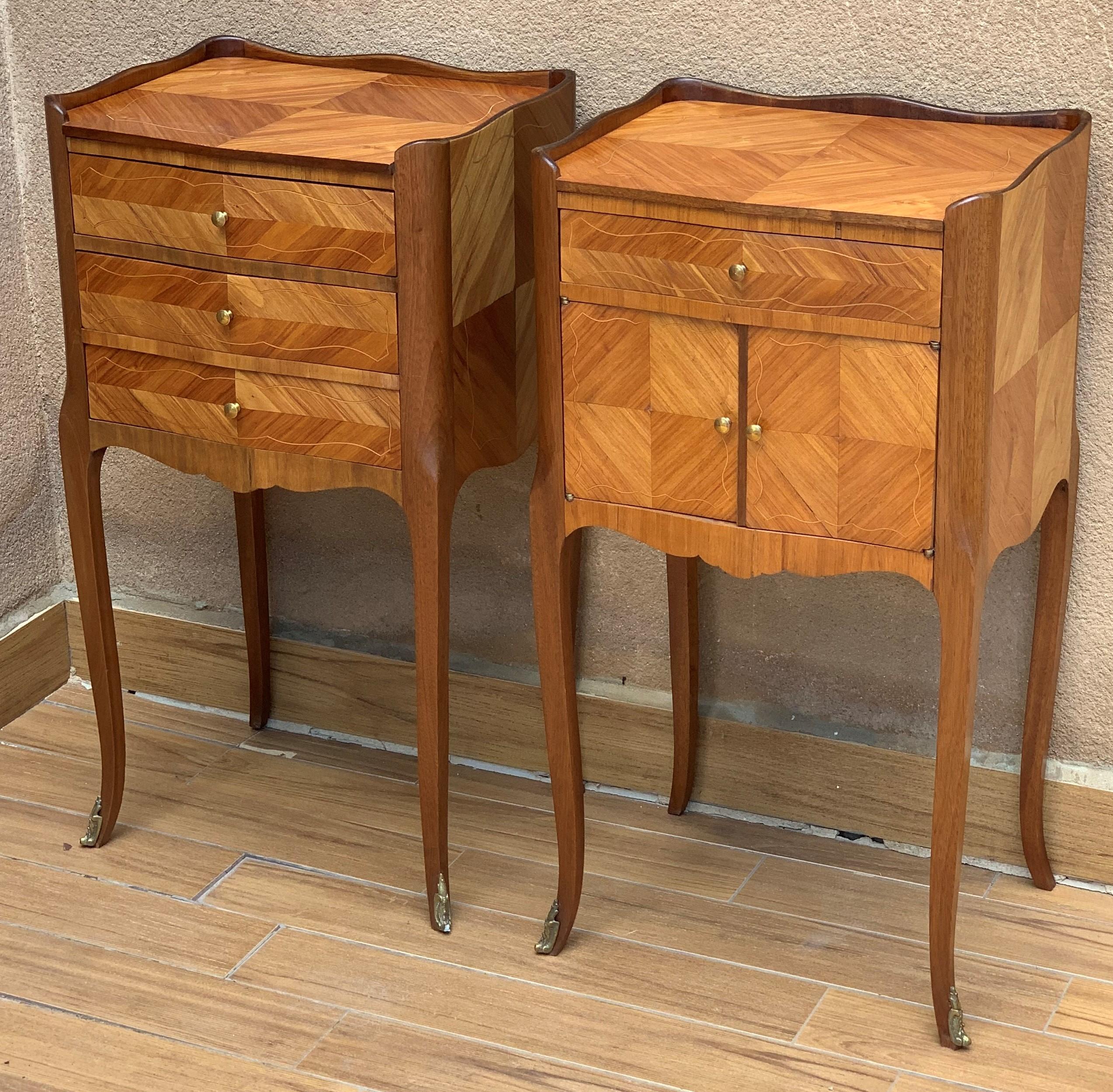 Pair of French Marquetry Walnut Bedside Matching Tables with Drawers and Door (Louis XV.)