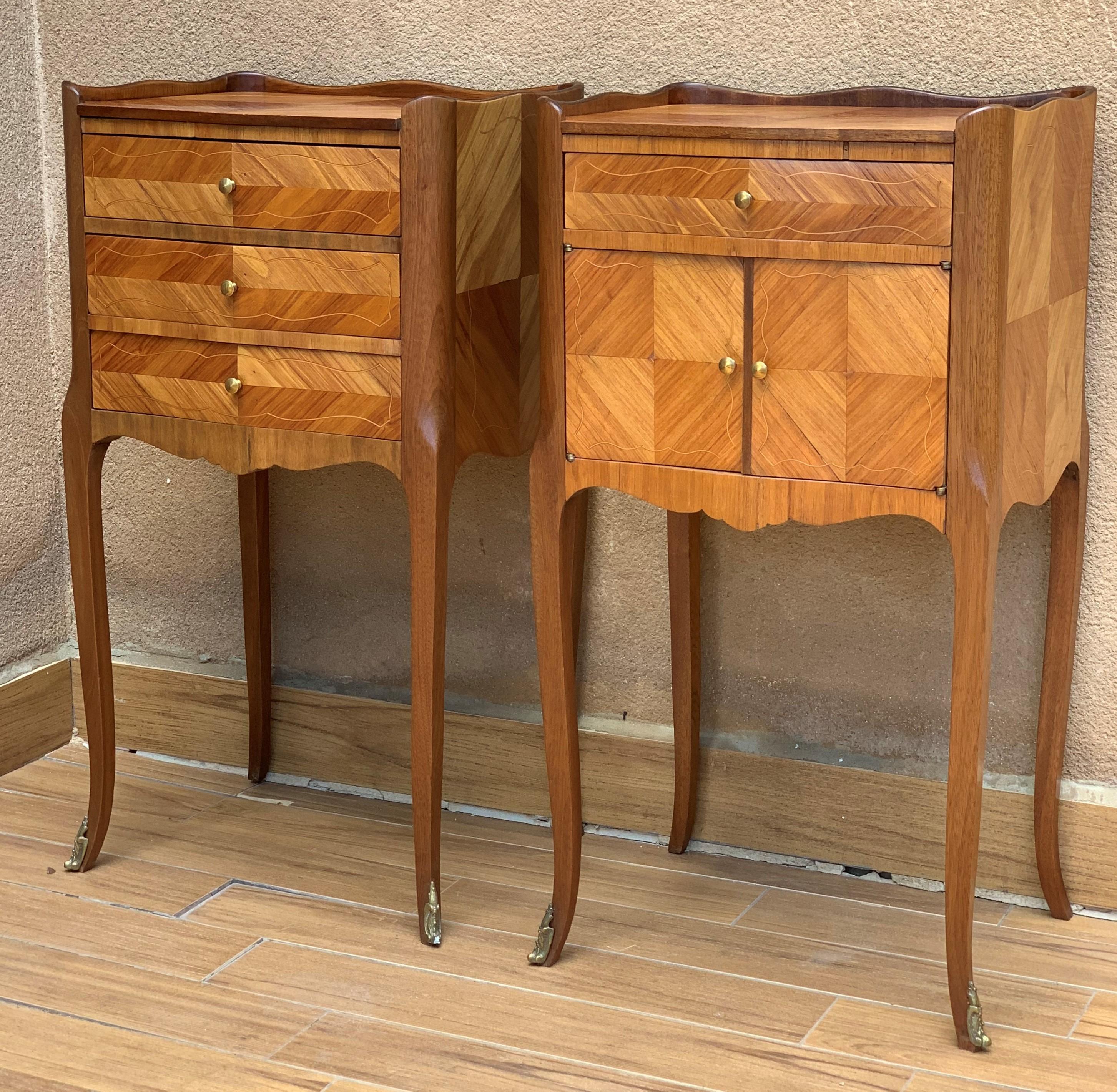 20th Century Pair of French Marquetry Walnut Bedside Matching Tables with Drawers and Door