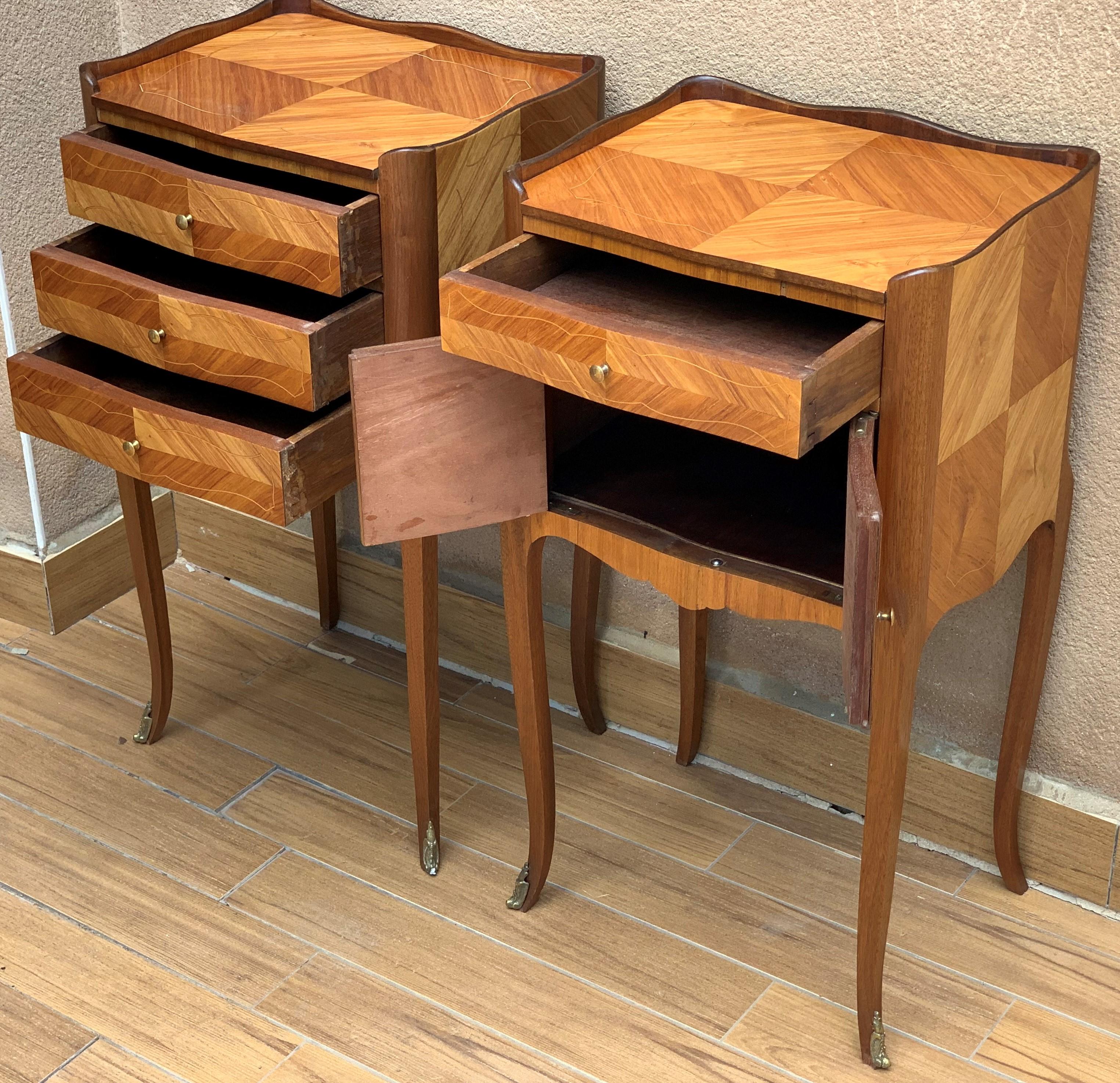 Fruitwood Pair of French Marquetry Walnut Bedside Matching Tables with Drawers and Door