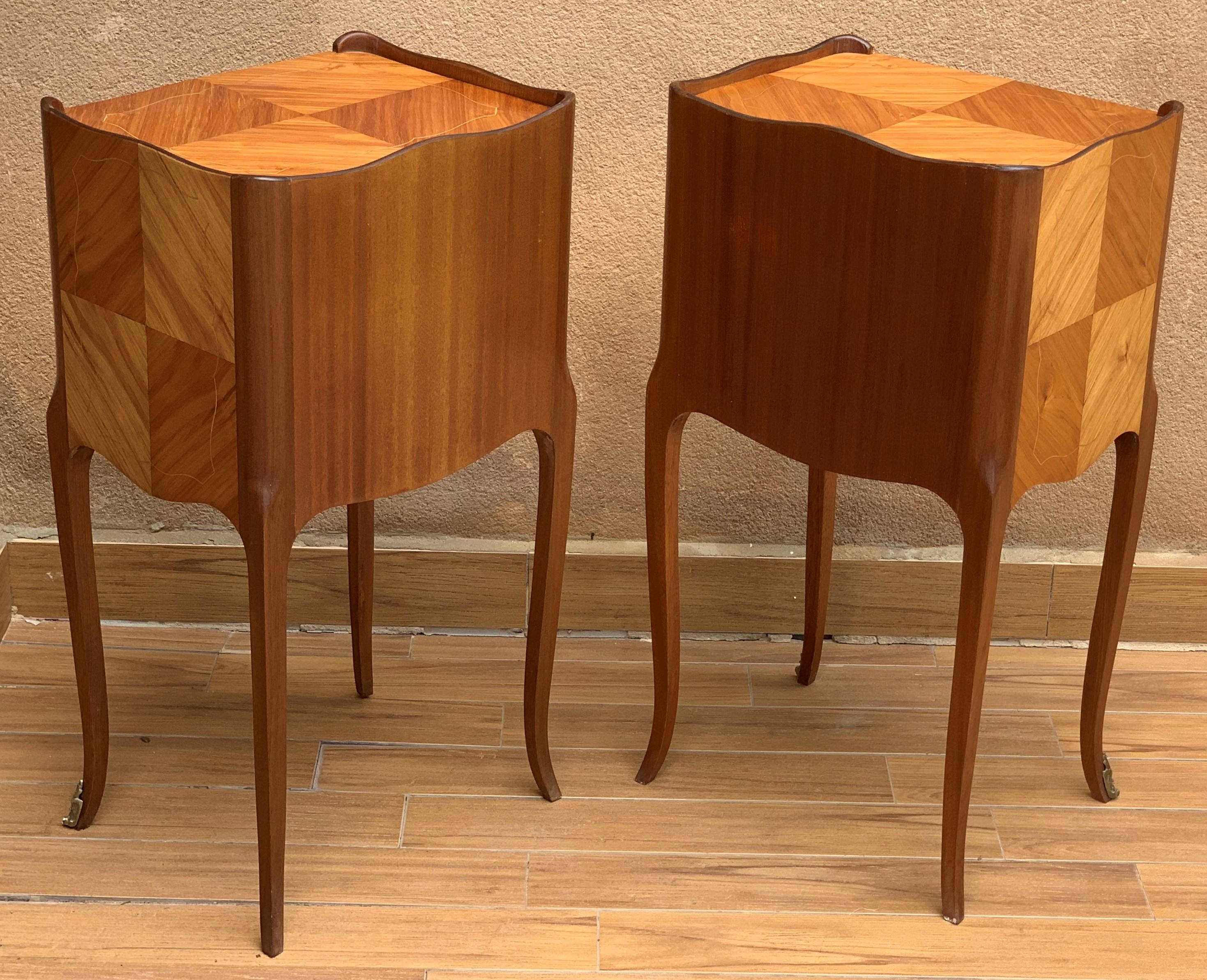 Pair of French Marquetry Walnut Bedside Matching Tables with Drawers and Door 1