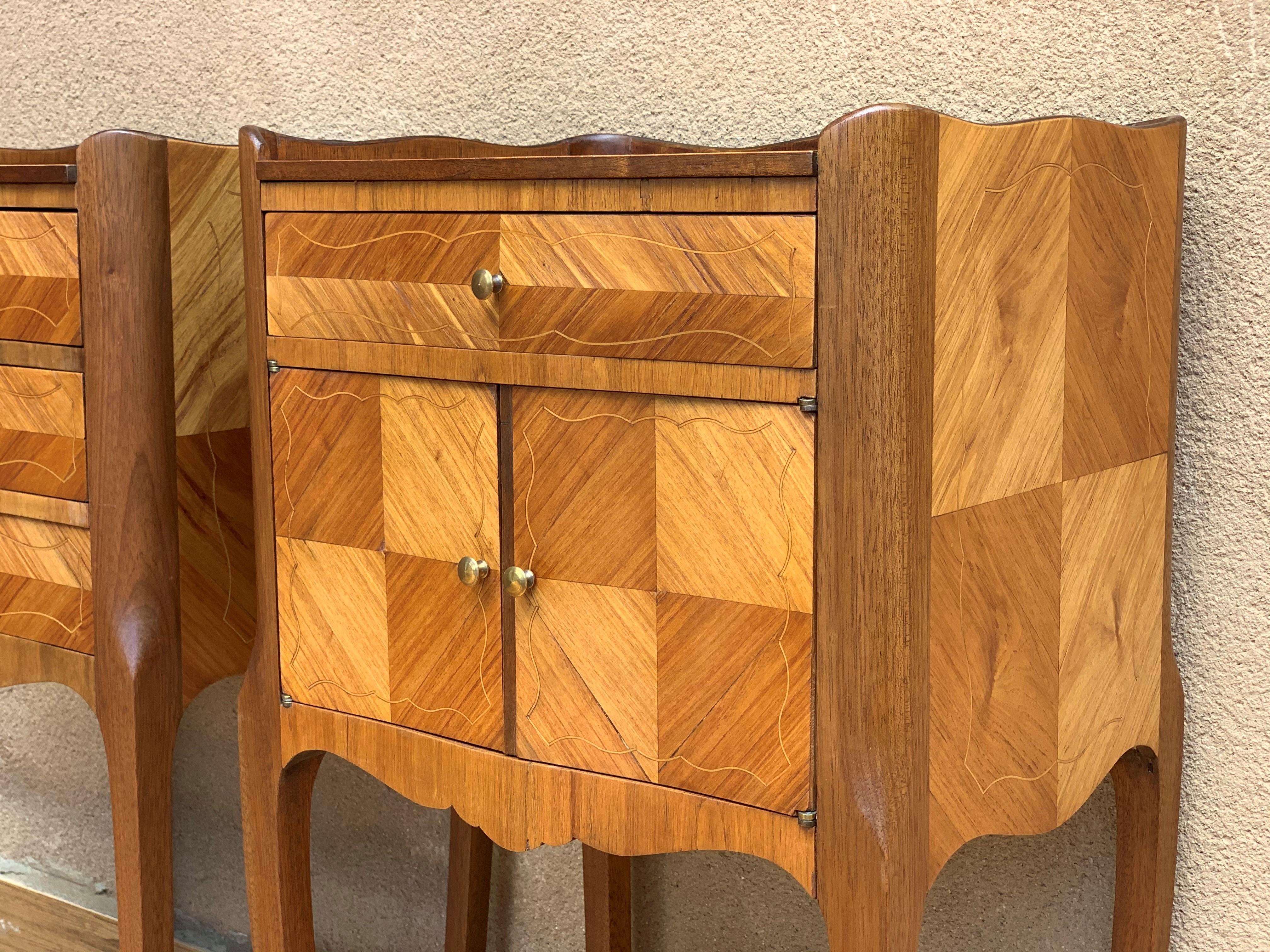Pair of French Marquetry Walnut Bedside Matching Tables with Drawers and Door 2