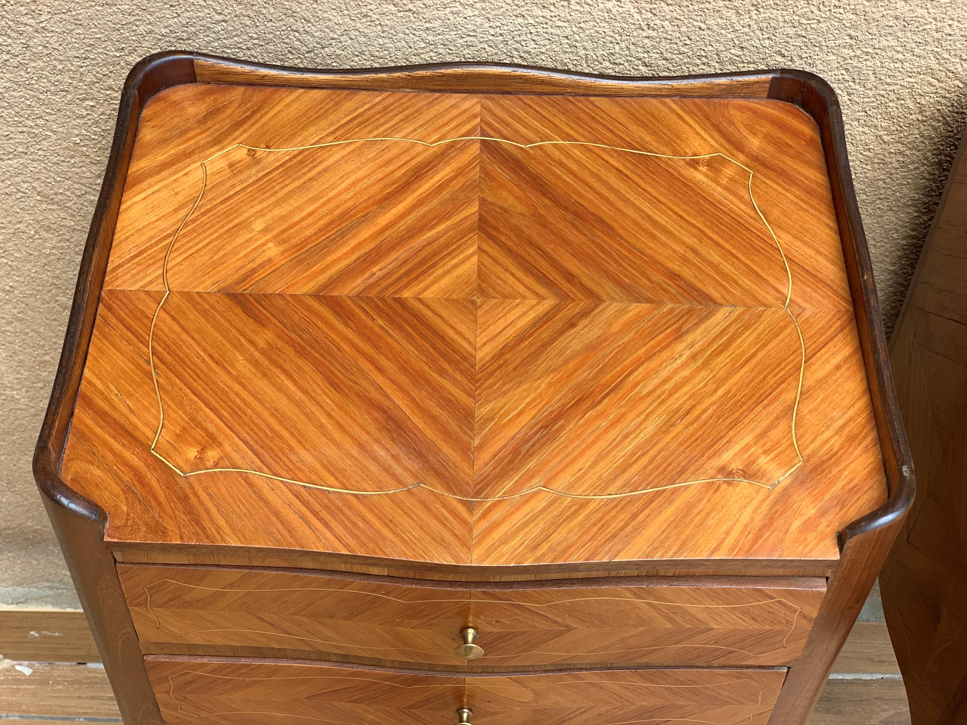 Pair of French Marquetry Walnut Bedside Matching Tables with Drawers and Door 2