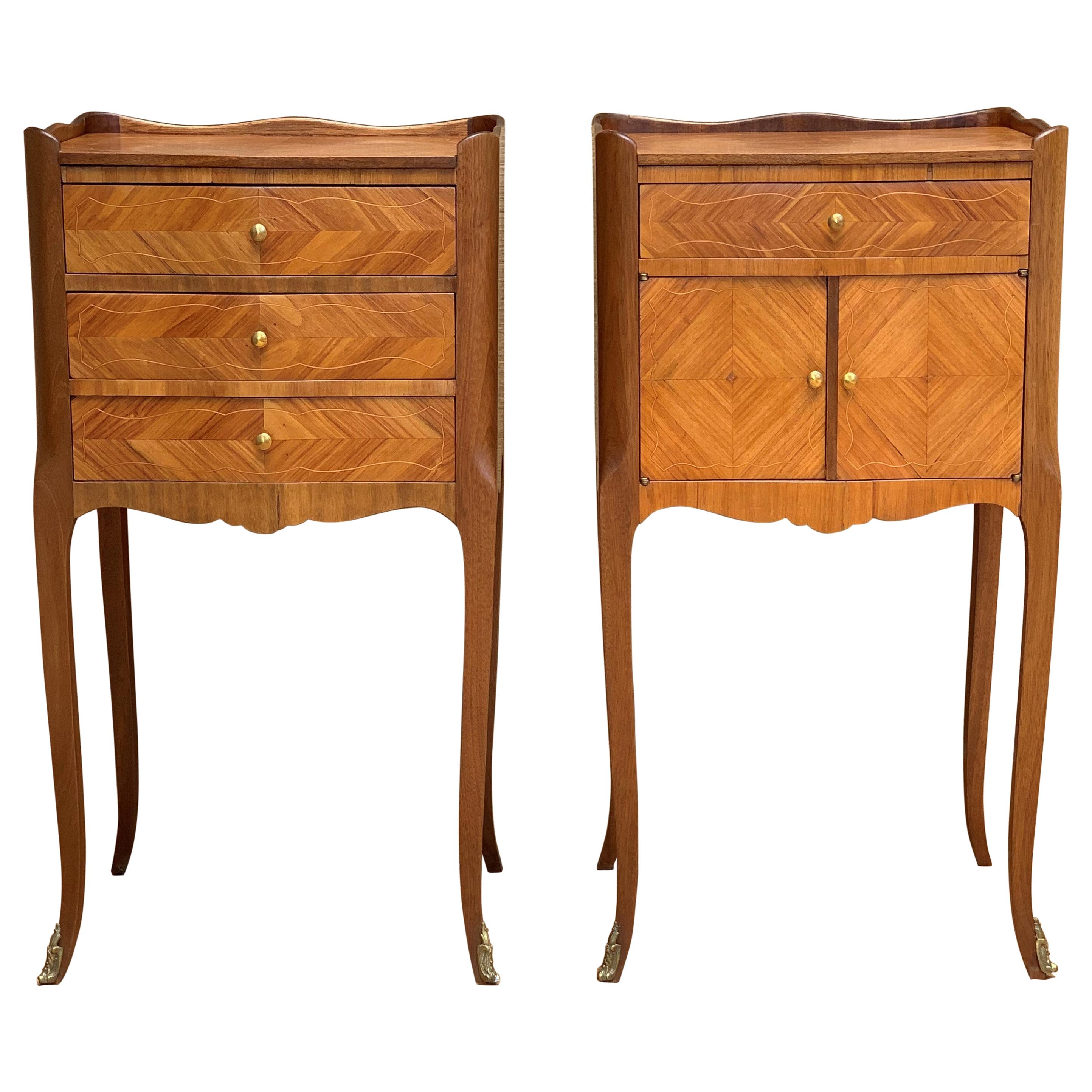 Pair of French Marquetry Walnut Bedside Matching Tables with Drawers and Door