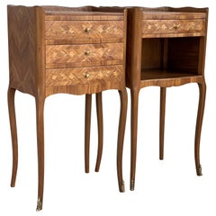 Antique Pair of French Marquetry Walnut Bedside Matching Tables with Drawers