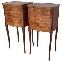 Pair of French Marquetry Walnut Bedside Matching Tables with Drawers