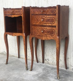 Pair of French Marquetry Walnut Bedside Tables with Drawers and Open Shelf