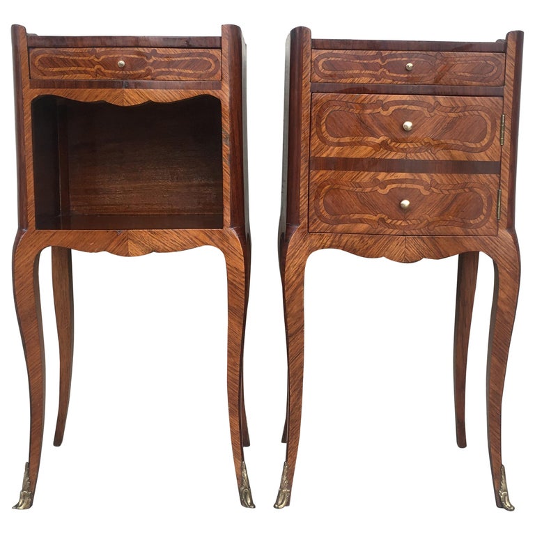 Pair of French Marquetry Walnut Bedside Tables with Drawers and Open