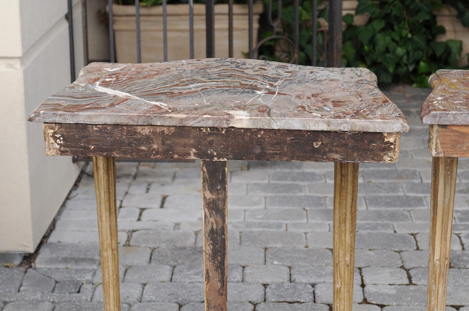 Pair of French Matching Neoclassical Painted Console Tables with Marble Tops 5