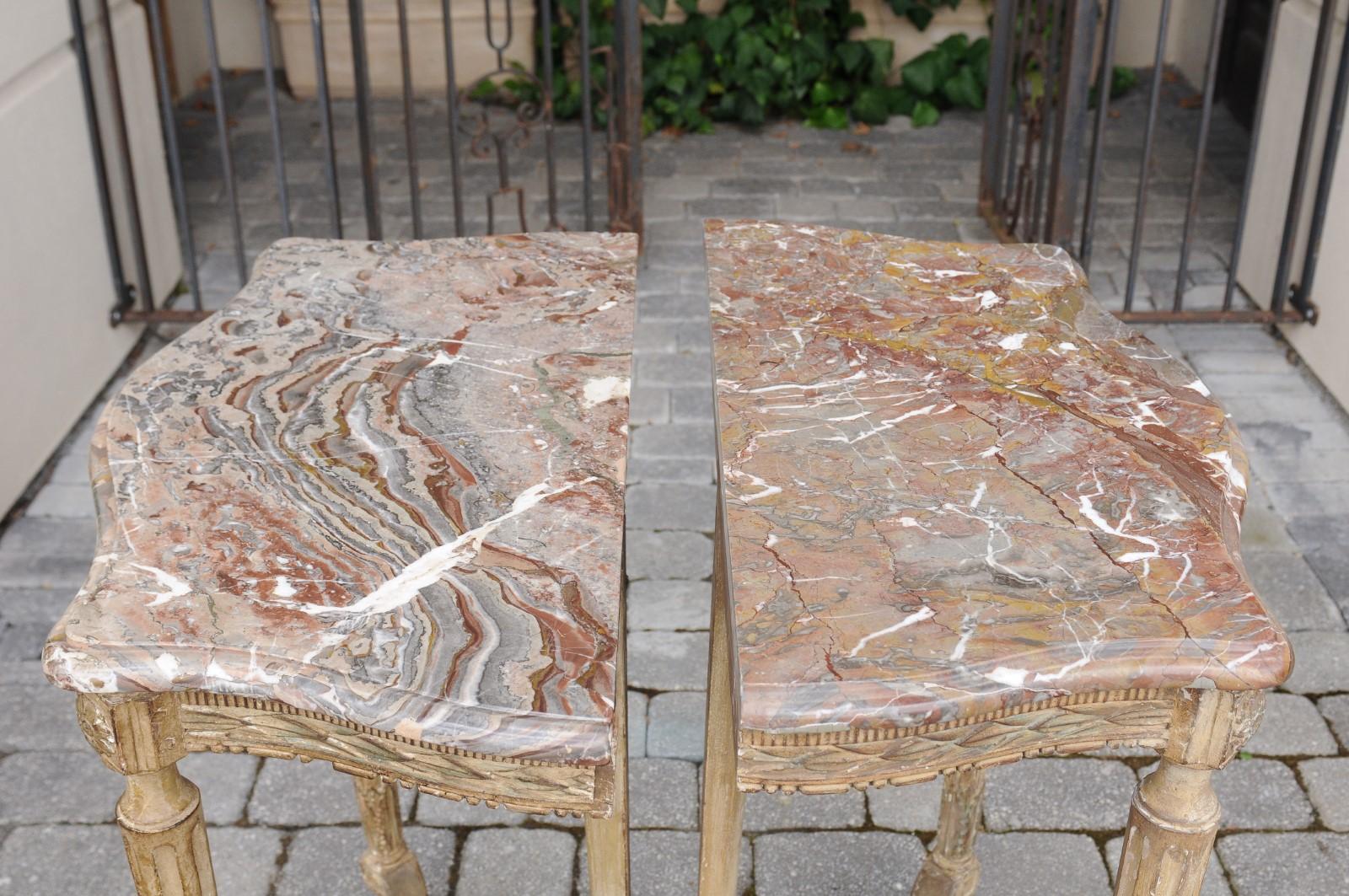 Pair of French Matching Neoclassical Painted Console Tables with Marble Tops 7